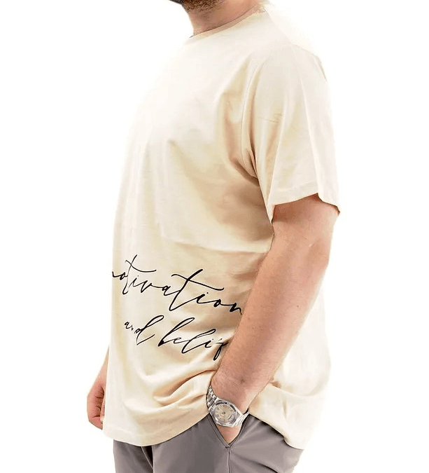 Battal Beden Erkek Pamuklu T-Shirt Yumuşak Dokulu Baskılı BELIEF U24085 Bej