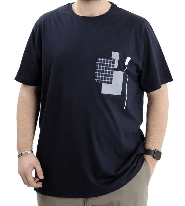 Büyük Beden Erkek Bisiklet Yaka T-Shirt Baskılı GARNILI U24045 Lacivert