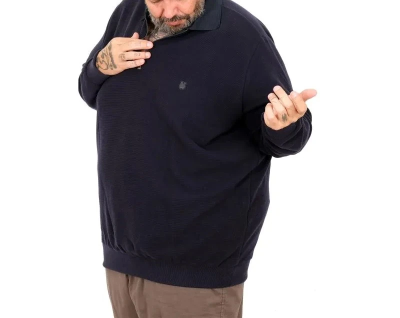 Büyük Beden Erkek Sweat Polo Yaka Waffle Selanik Siyah 25822