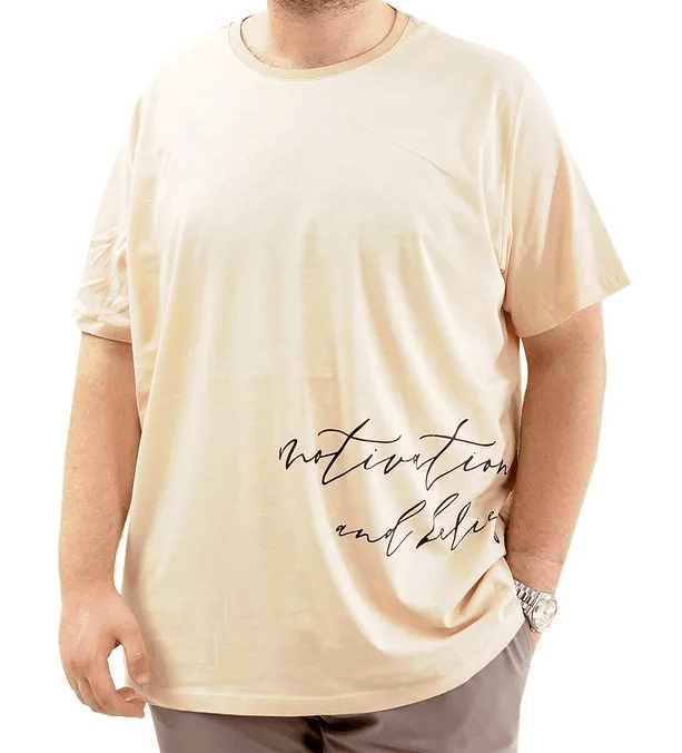 Battal Beden Erkek Pamuklu T-Shirt Yumuşak Dokulu Baskılı BELIEF U24085 Bej