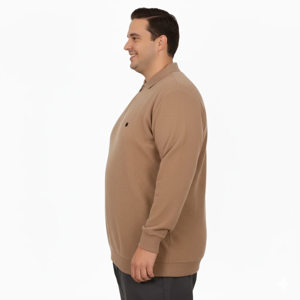 Büyük Beden Erkek Sweat Polo Yaka Waffle Selanik Sütlü Kahve 25822