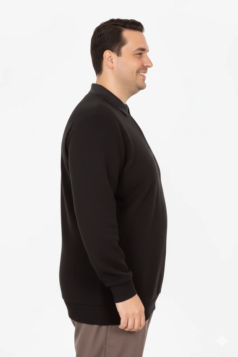 Büyük Beden Erkek Sweat Polo Yaka Waffle Selanik Siyah 25822