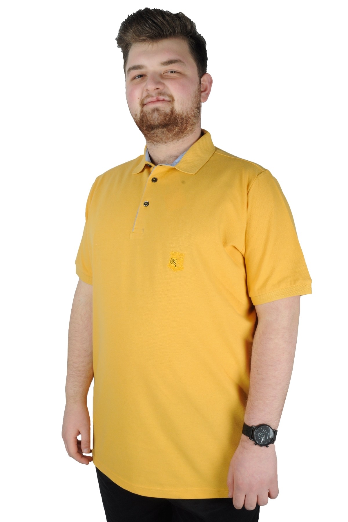 Battal Beden Erkek Tshirt Polo Yaka Nakışlı Klasik Pike 20553 Hardal