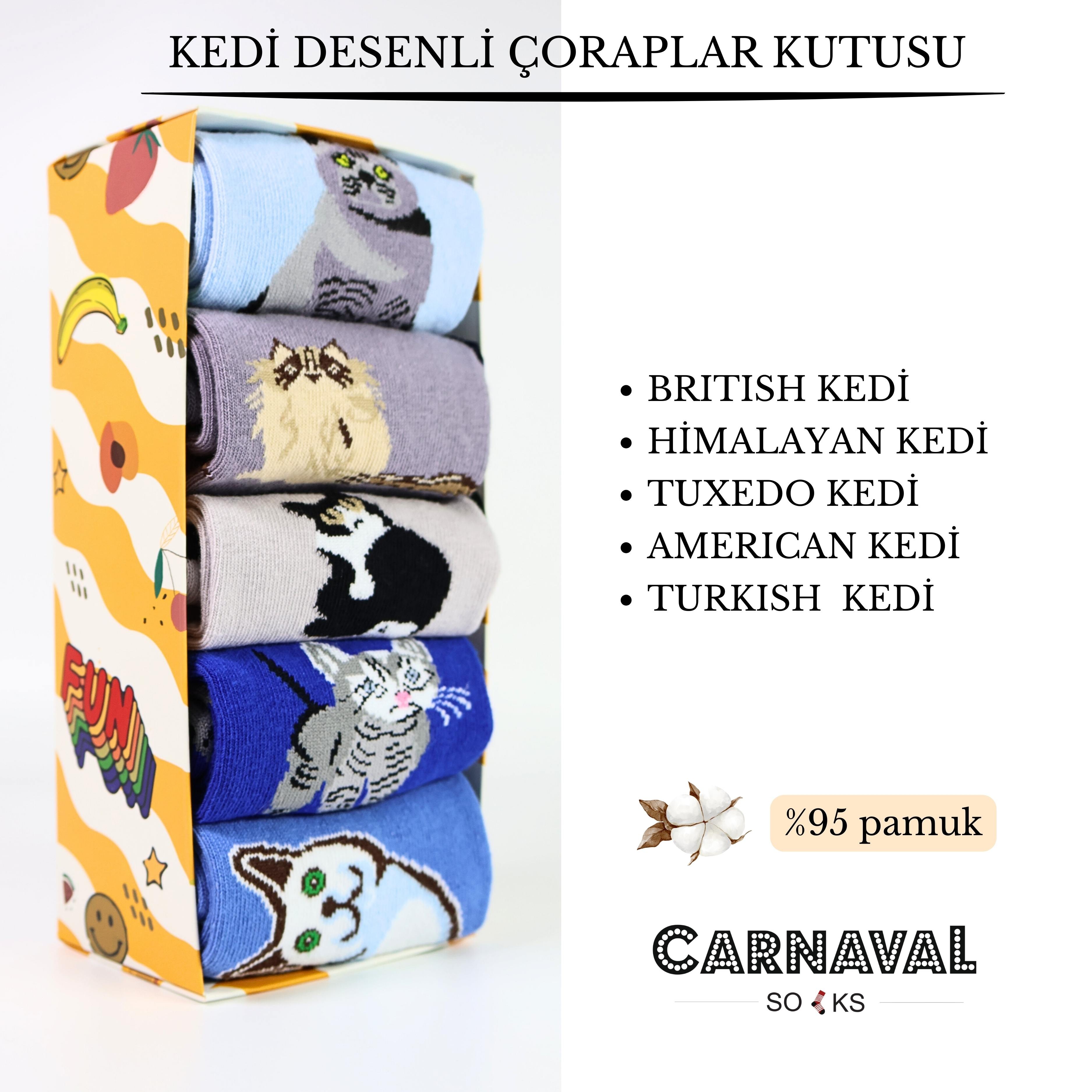 Kedi Desenli Renkli 5'li Unisex Çorap Kutusu