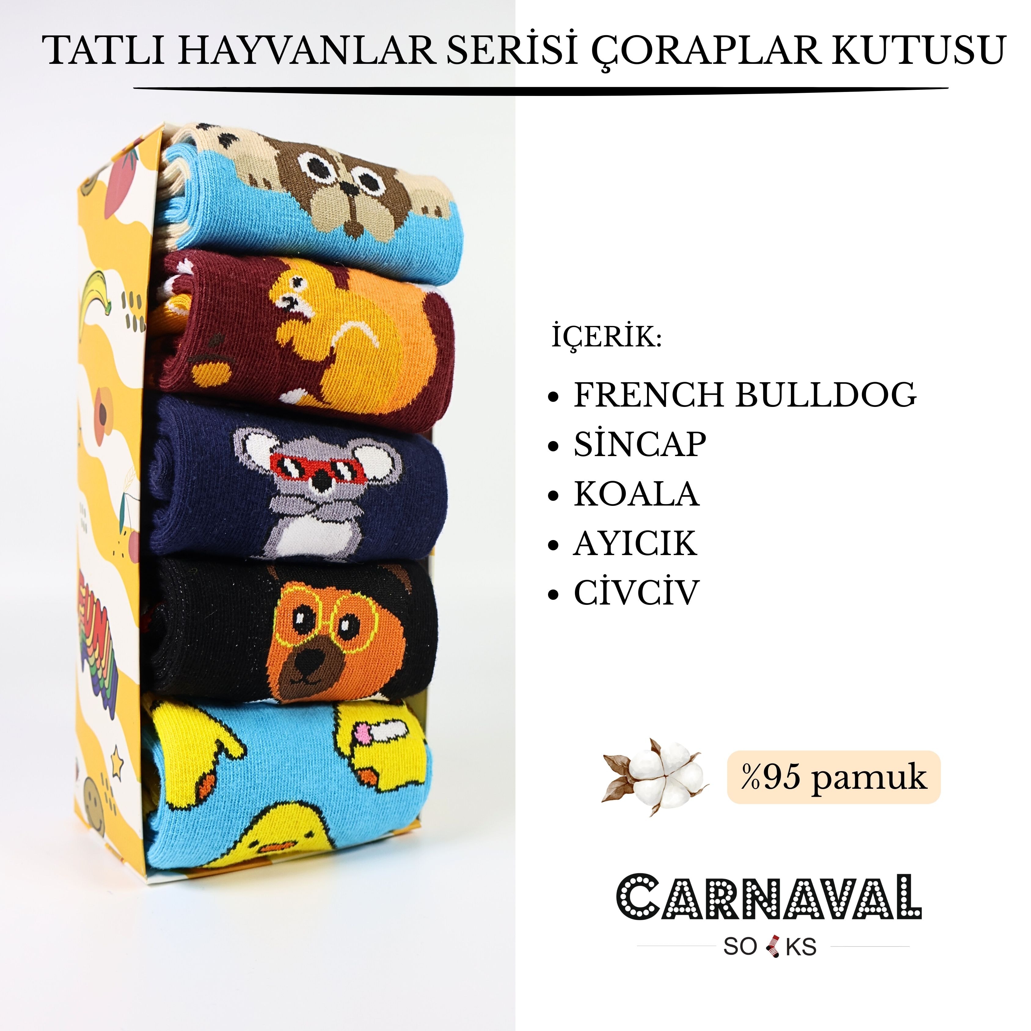5’li Sevimli Hayvan Desenli Renkli Kutulu Çorap Seti