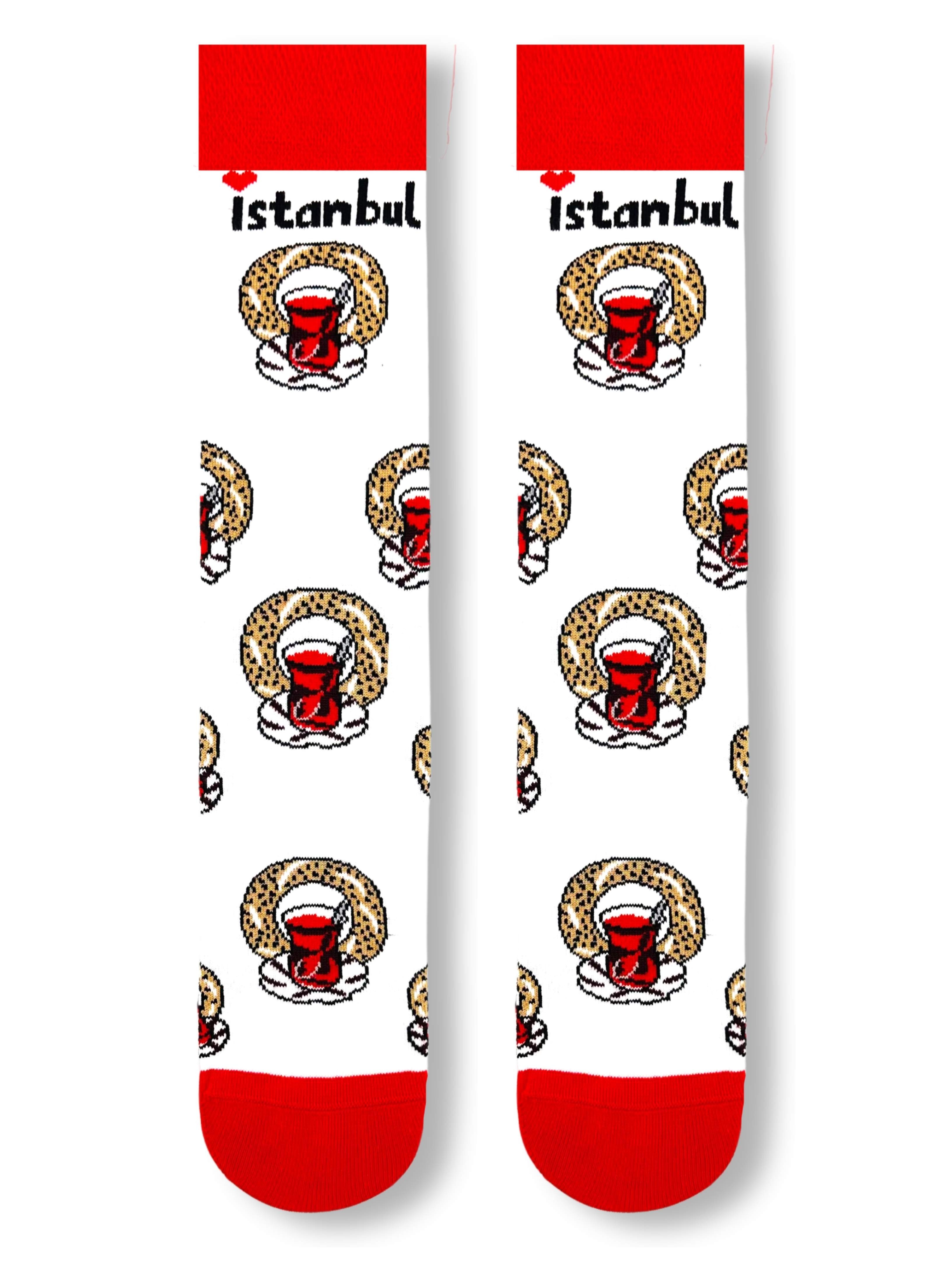 Simit ve Çay desenli İstanbul temalı Soket Çorap