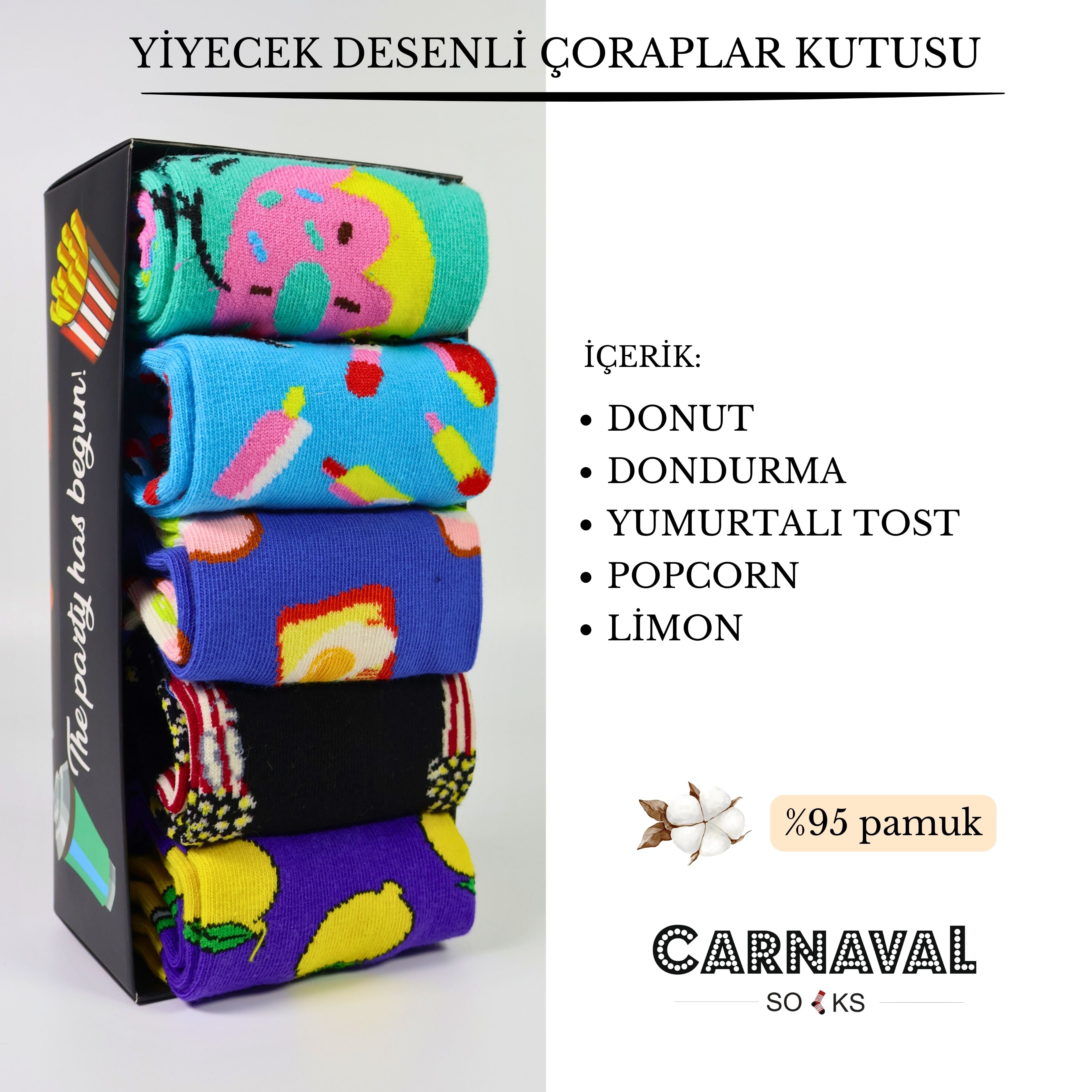 5'li Yiyecek Tasarımlı Renkli Kutulu Çorap Seti