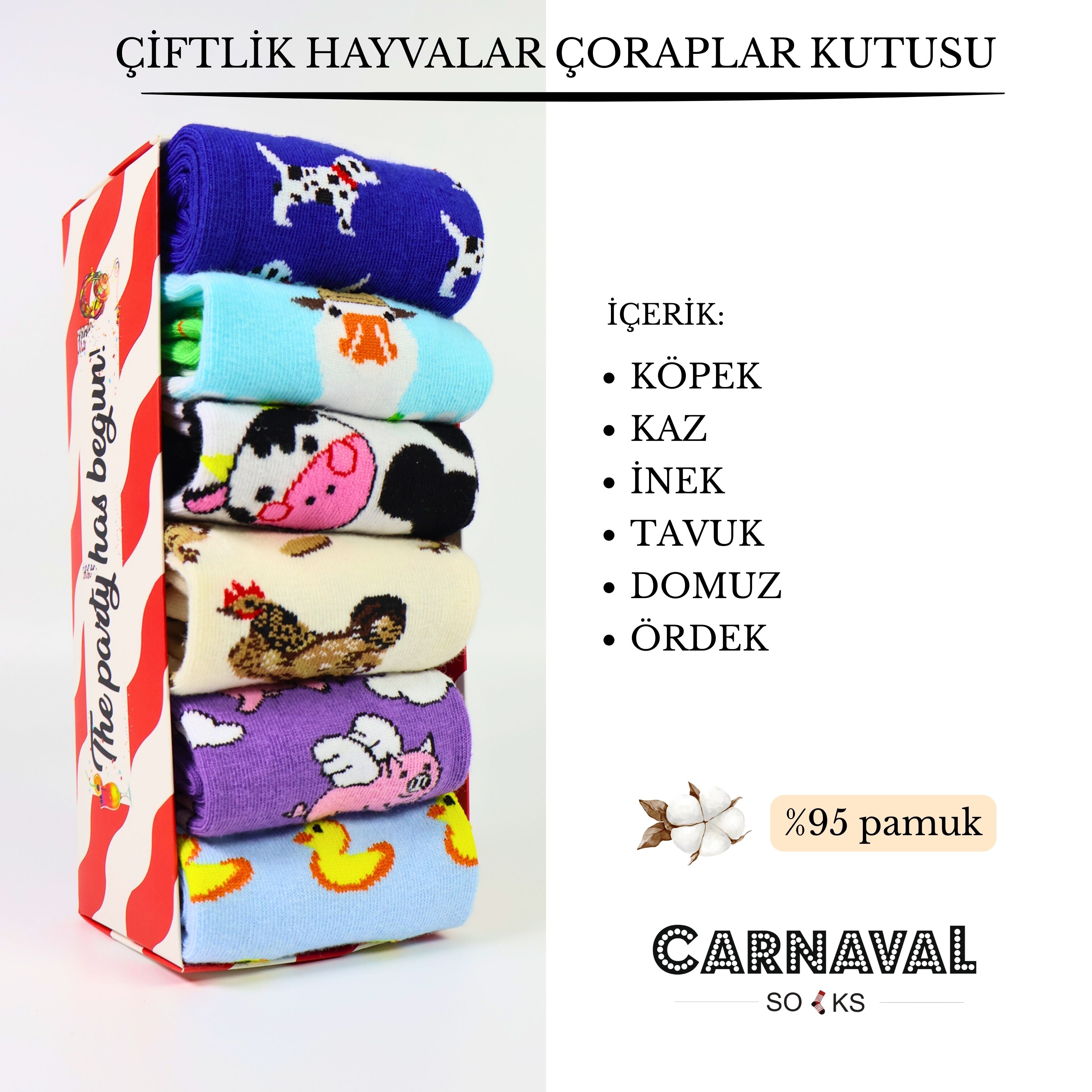 Çiftlik Hayvanları Desenli Tasarım 6'lı Çorap Kutusu