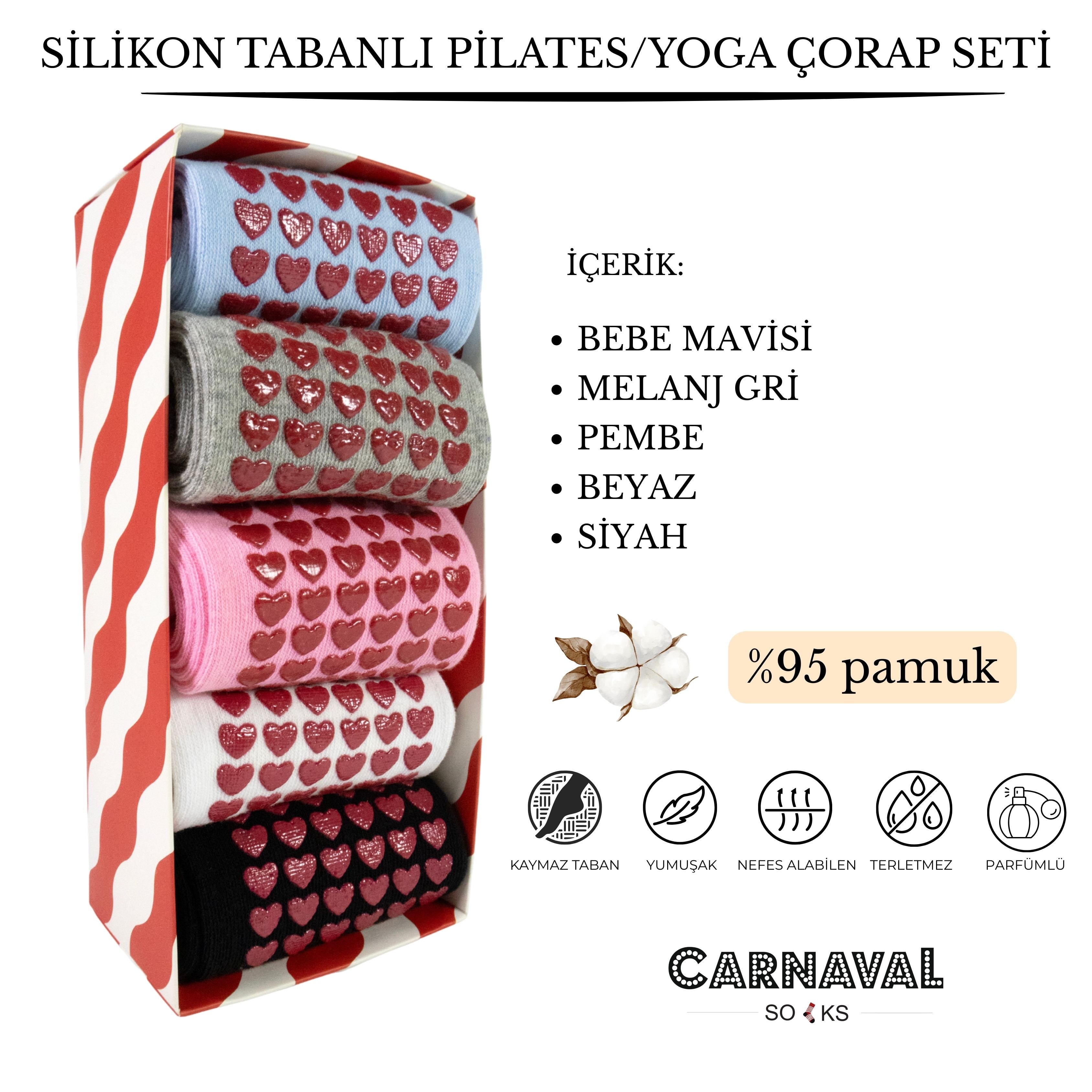 Pilates & Yoga Silikonlu Kazymaz Tabanlı 5'li Kutulu Çorap Seti