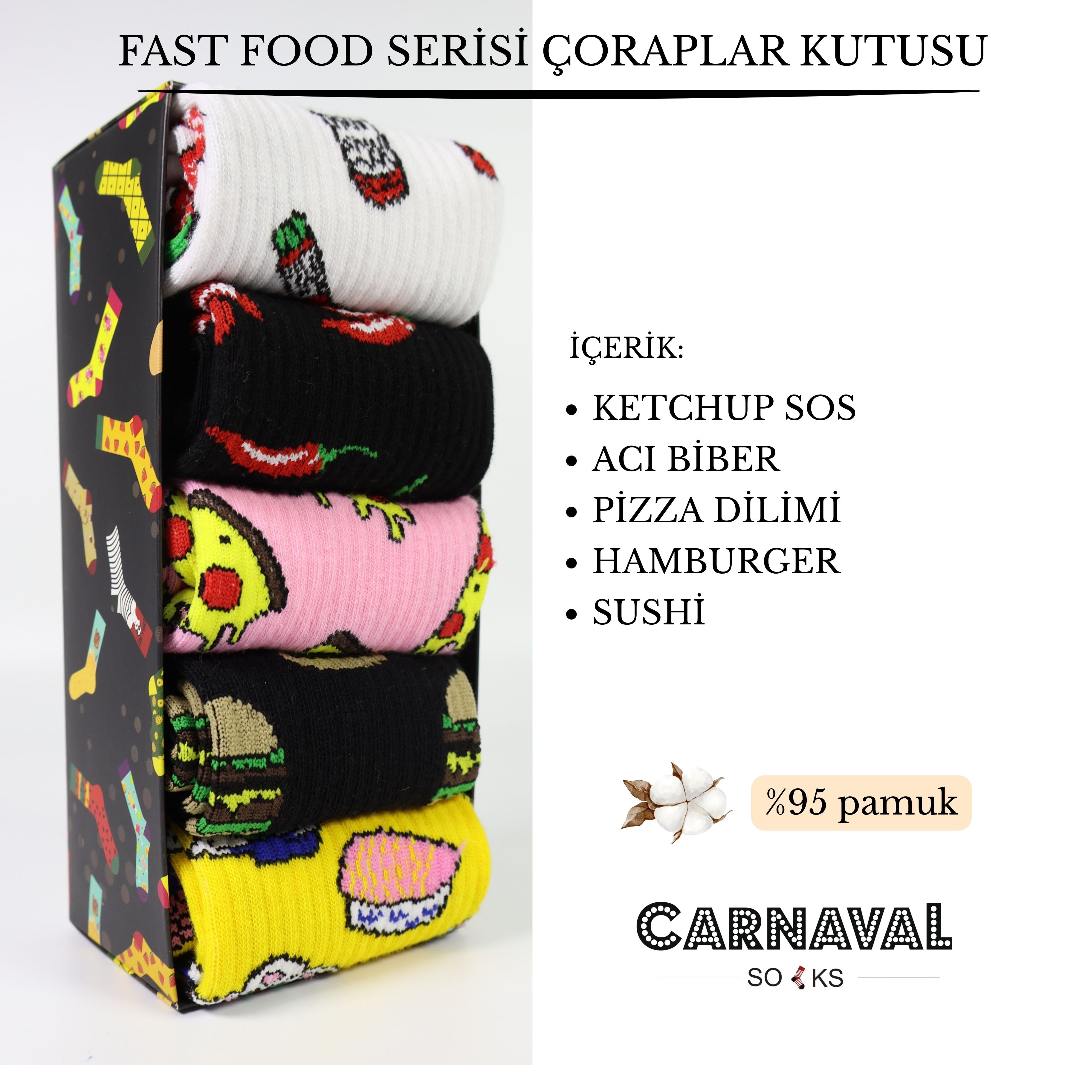 5'li Fast Food Desenli Fitilli Kutulu Çorap Seti