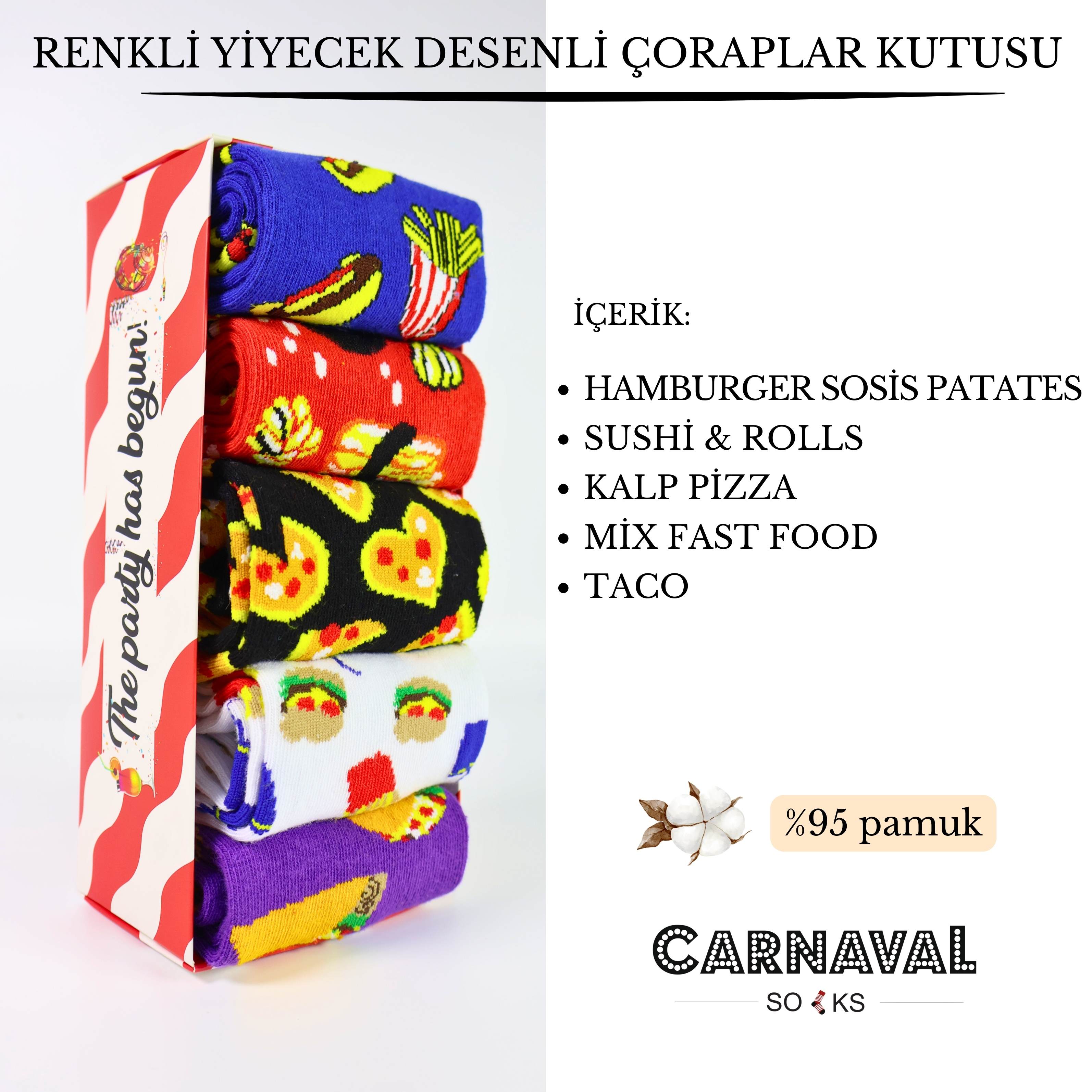 5'li Fast Food Desenler Tasarım Kutulu Çorap Seti