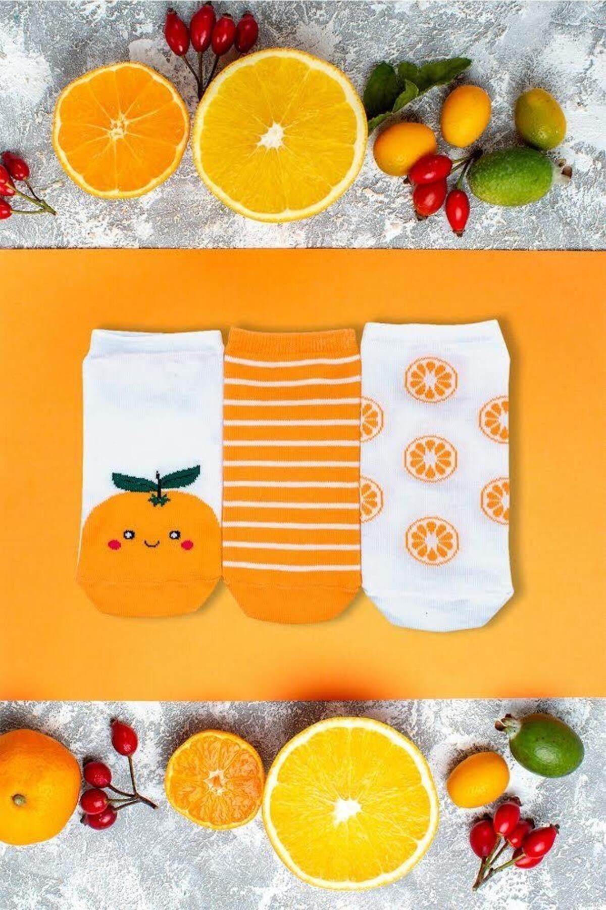 3'lü Mandalina Desenli Renkli Patik Çorap
