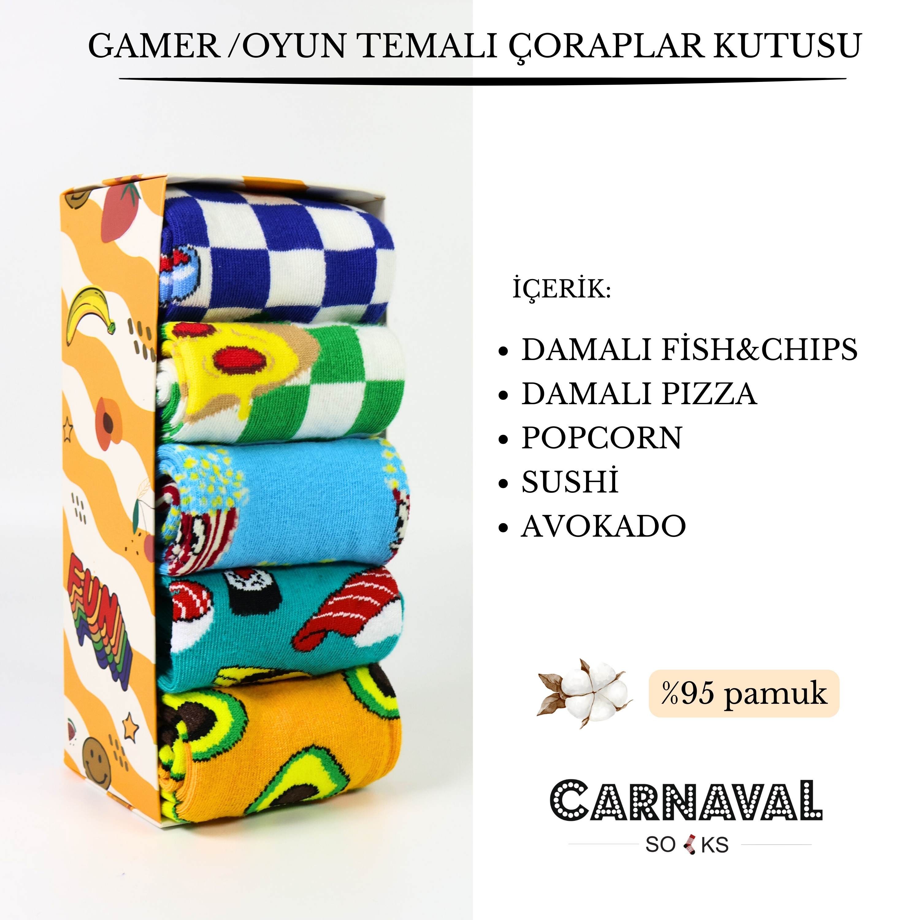 Damalı Renkli Fast Food Tasarım Çorap Kutusu