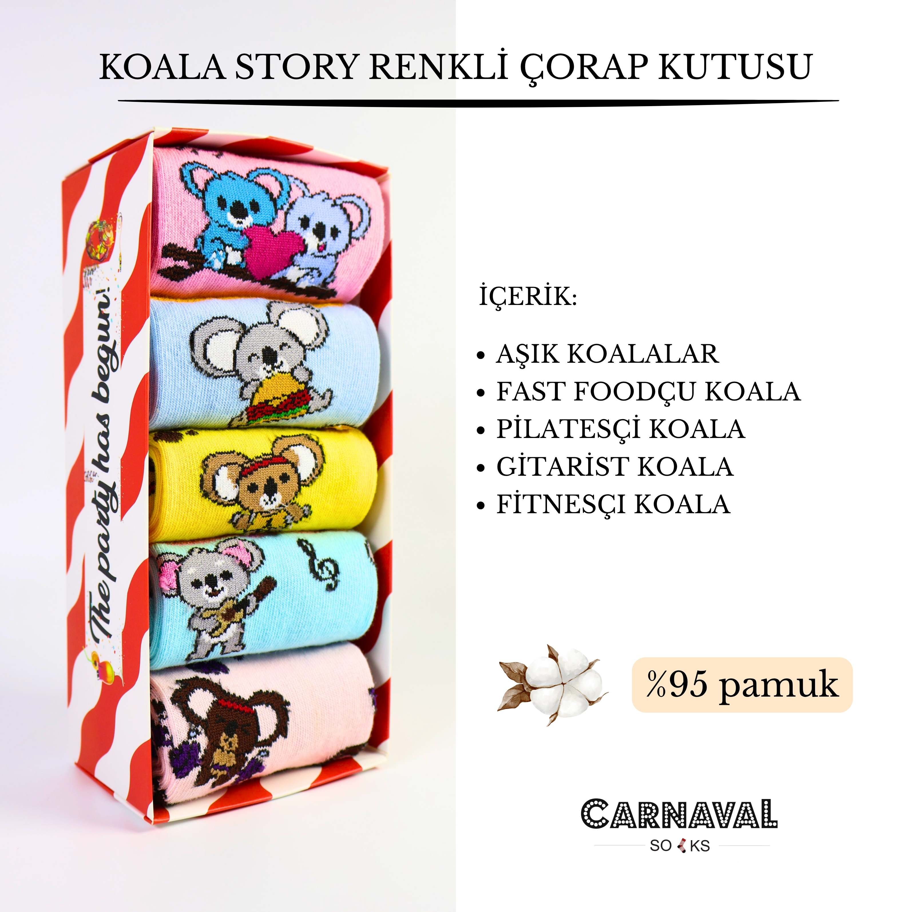 5'li Koala Story Desenli Renkli Unisex Kutulu Çorap Seti