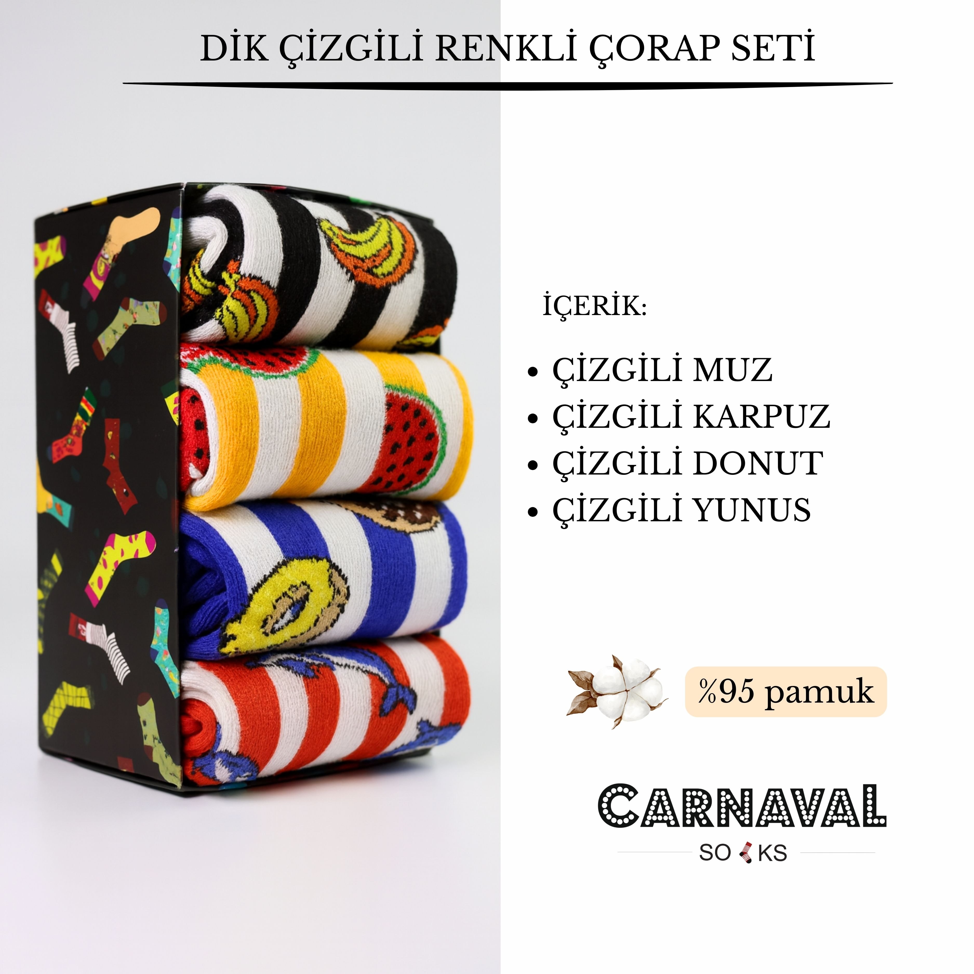 Unisex 4'lü Dik Çemberli Meyve Serisi Renkli Çorap