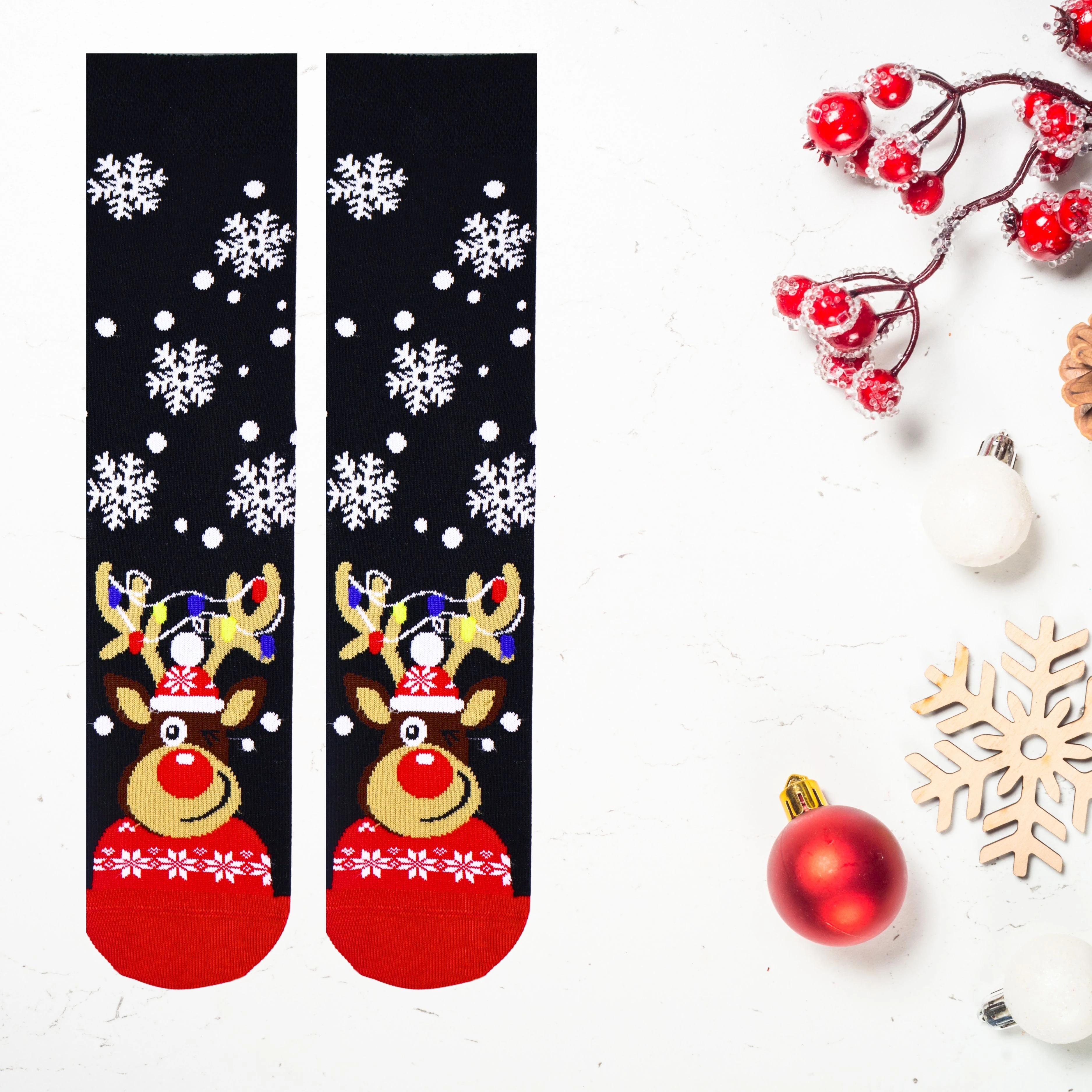 Siyah Christmas Kar Tanesi ve Geyik Desenli Eğlenceli Yılbaşı Çorabı