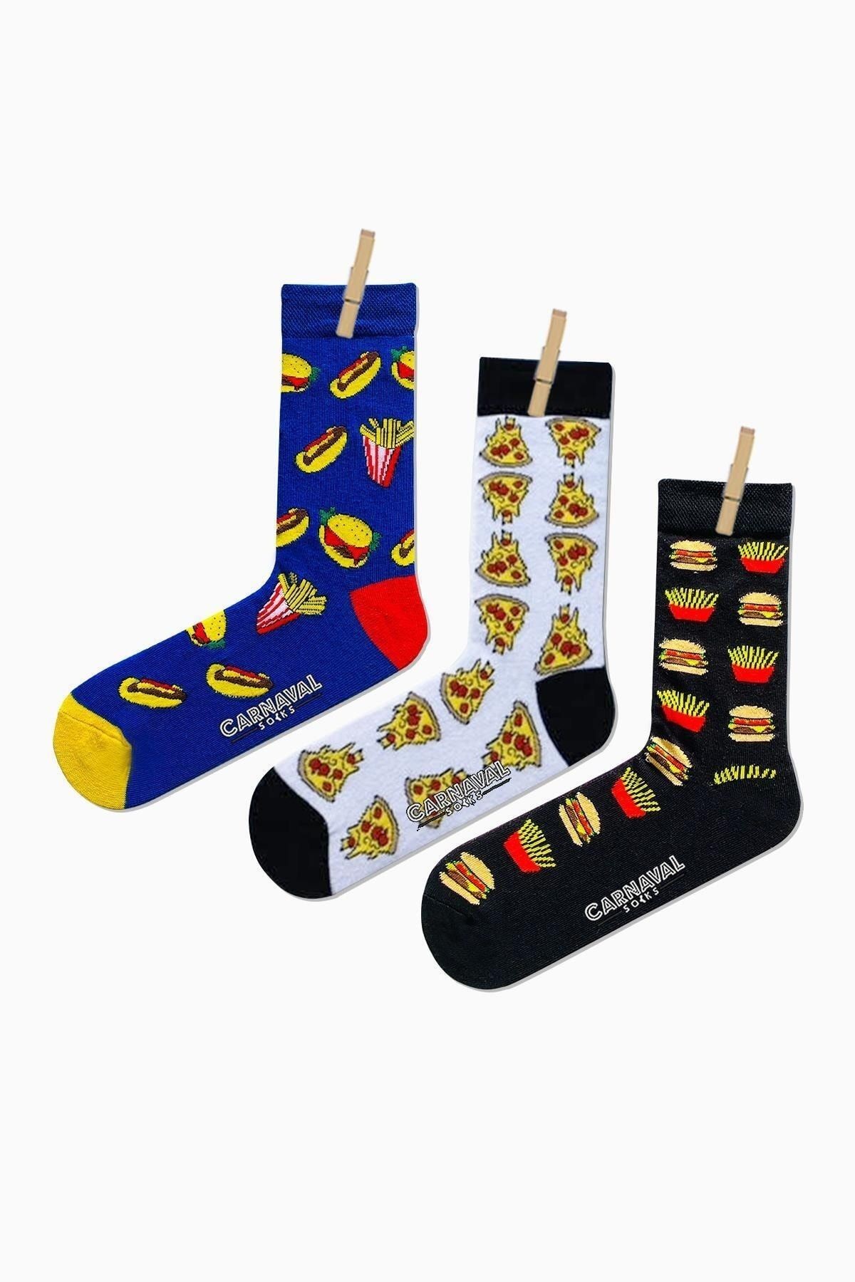 Unisex 3'lü Hamburger Desenli Renkli Çorap