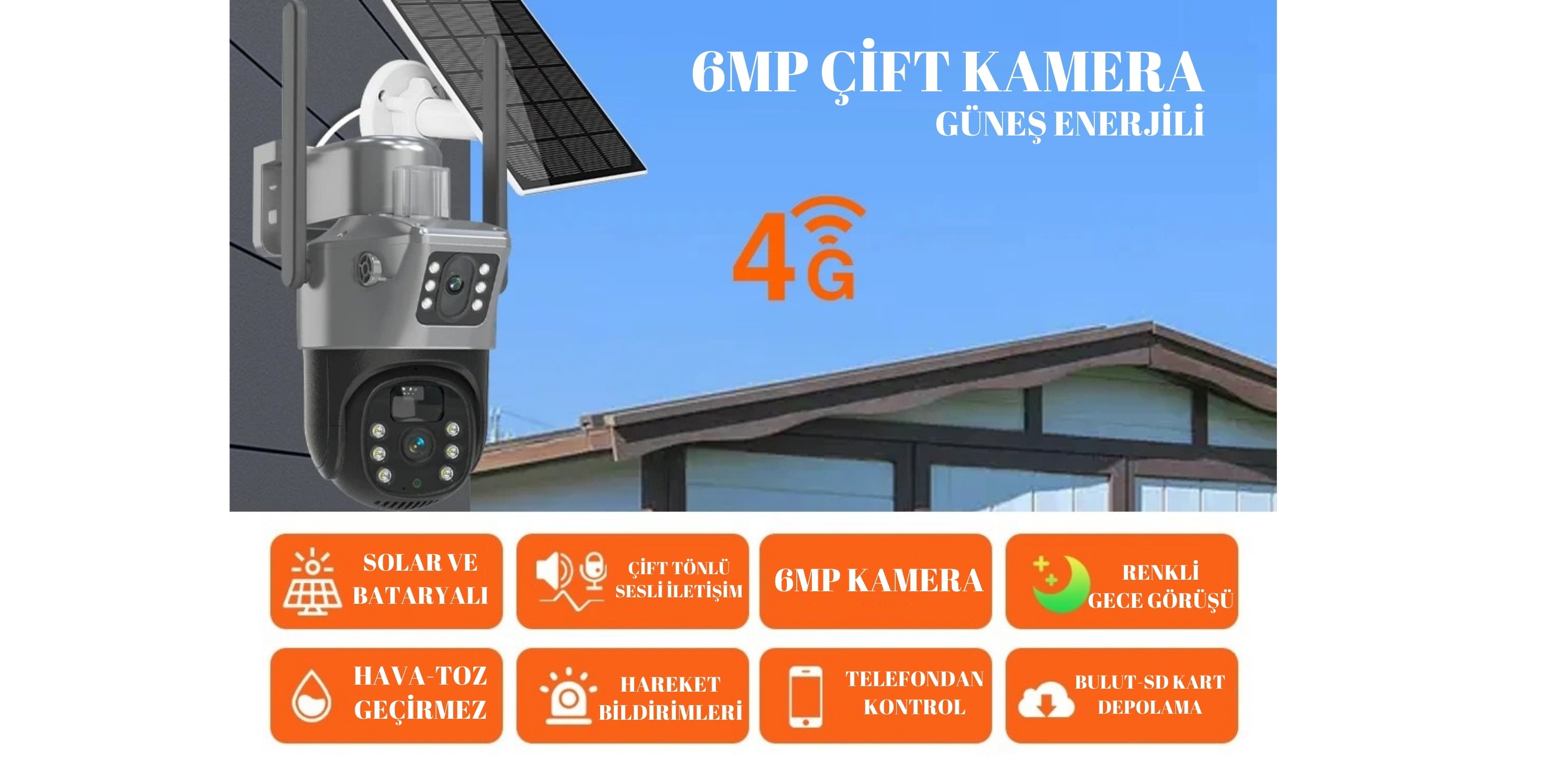 4G 12000 mah Sim Kart Girişli SOLAR 6MP Güneş Enerjili Kablosuz çift Kamera ET4G-001