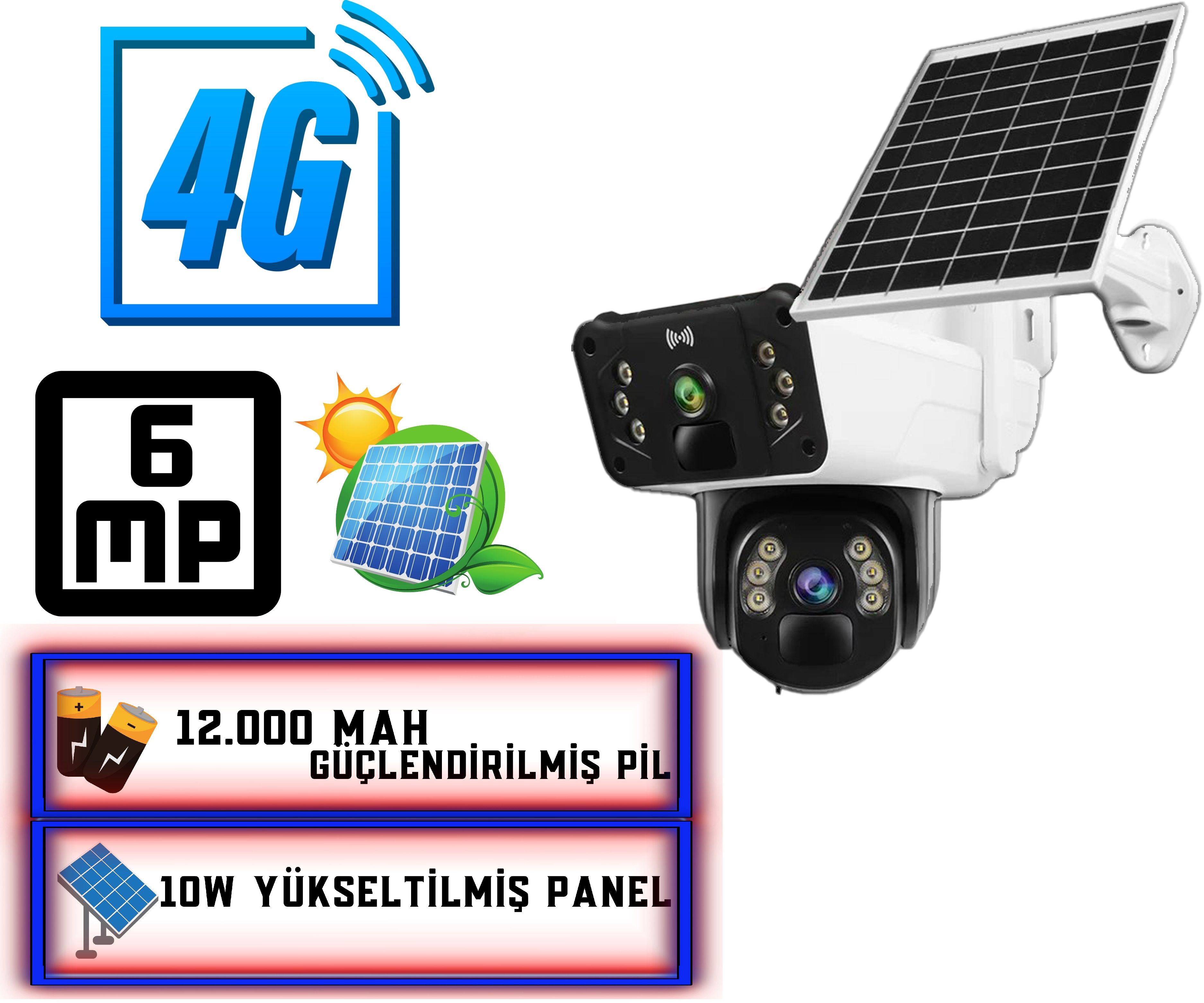 4G 12000 mah Sim Kart Girişli SOLAR 6MP Güneş Enerjili Kablosuz çift Kamera ET4G-002