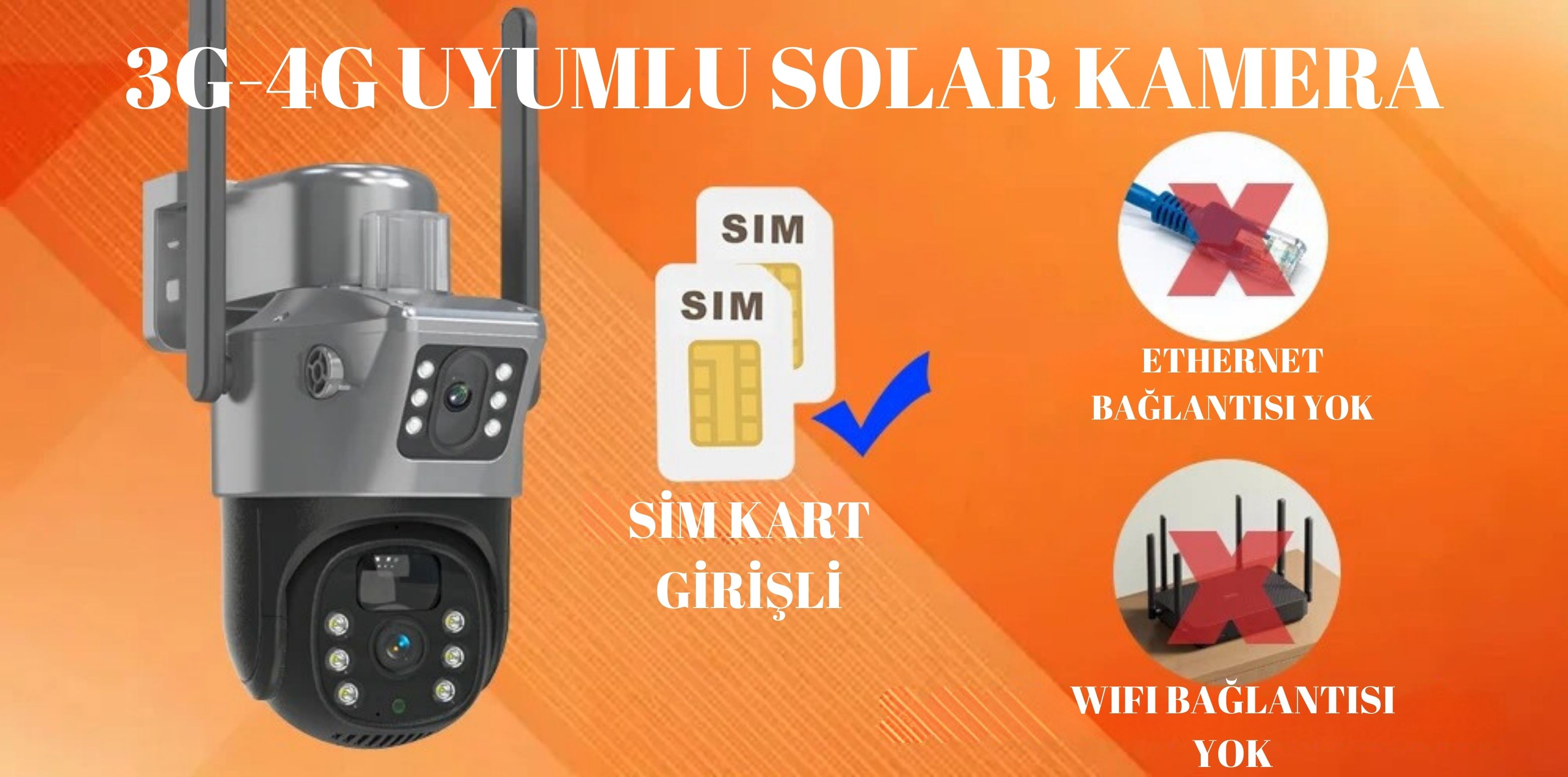 4G 12000 mah Sim Kart Girişli SOLAR 6MP Güneş Enerjili Kablosuz çift Kamera ET4G-001