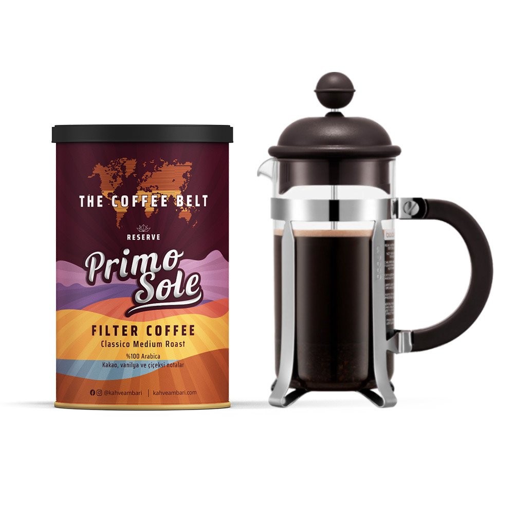 Caffettiera French Press  Cup ve Primo Sole 250 Gr Kahve Seti