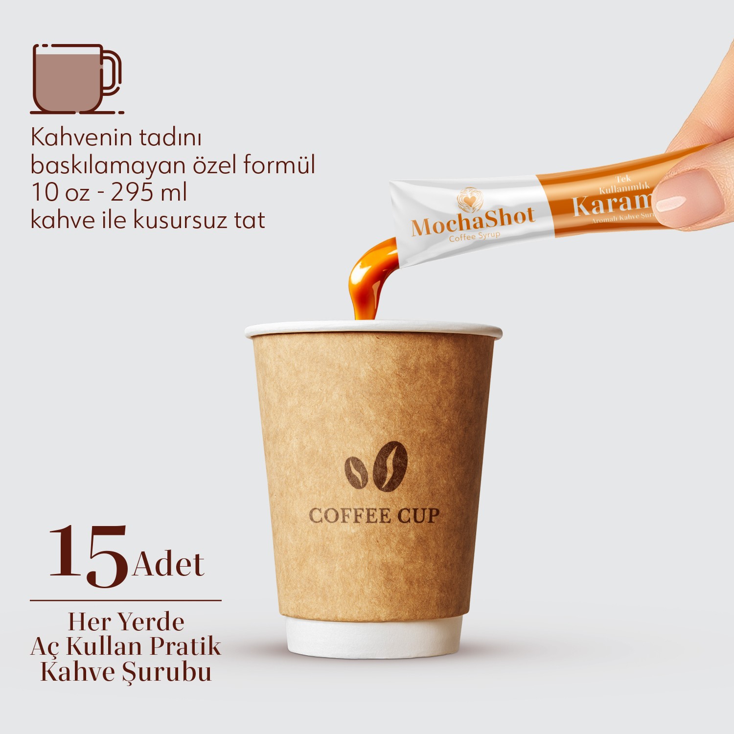 Mocha Shot Karamel Aromalı Tek Kullanımlık Kahve Şurubu 20 ml x 15 Adet
