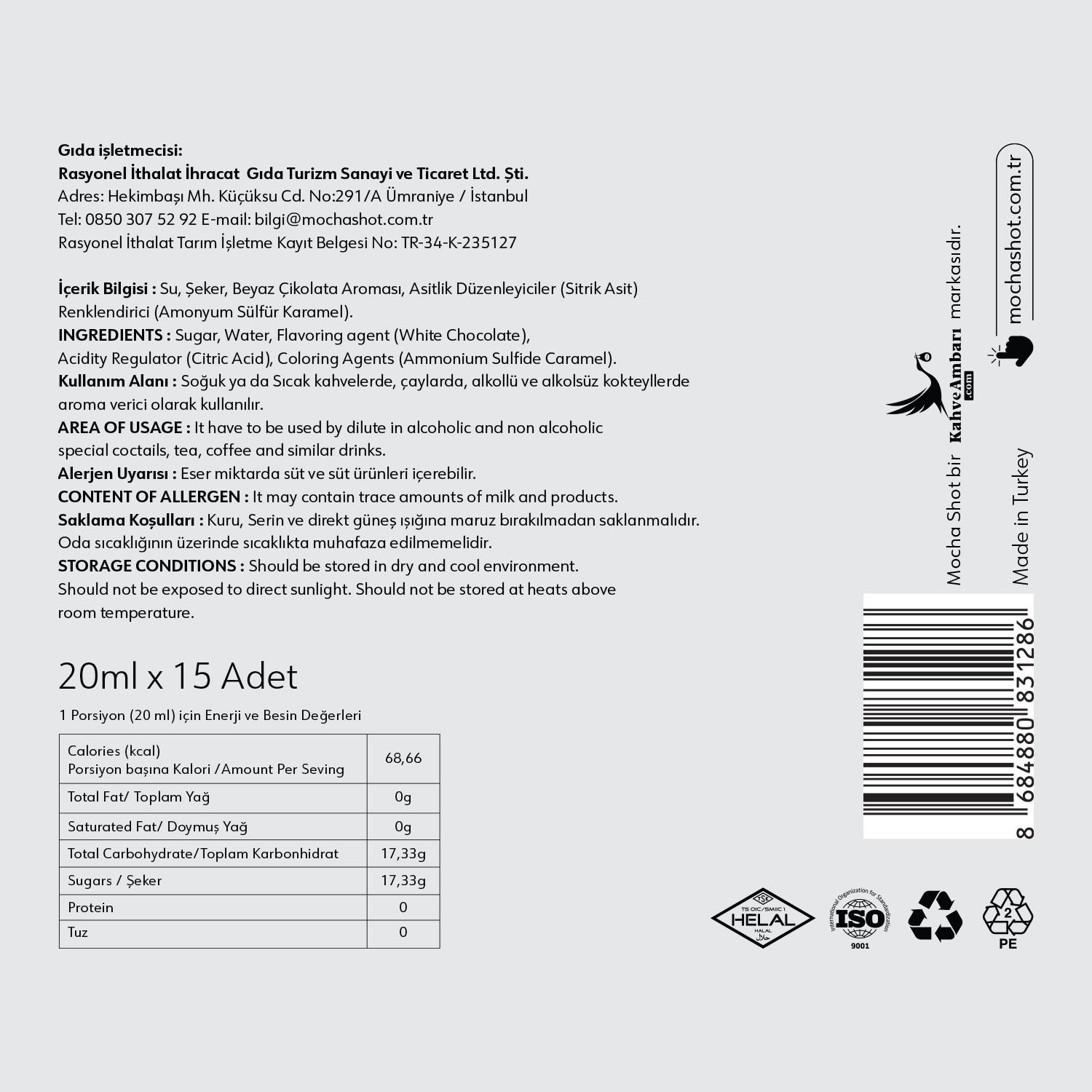 Mocha Shot Beyaz Çikolata Aromalı Tek Kullanımlık Kahve Şurubu 20 ml x 15 Adet