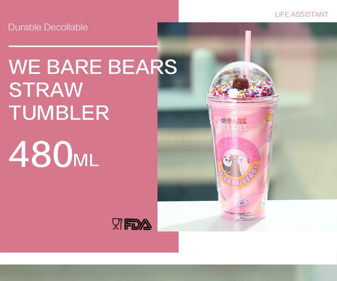 We Bare Bears Lisanslı Boncuklu Pipetli Plastik Şişe 480 ml - Pembe