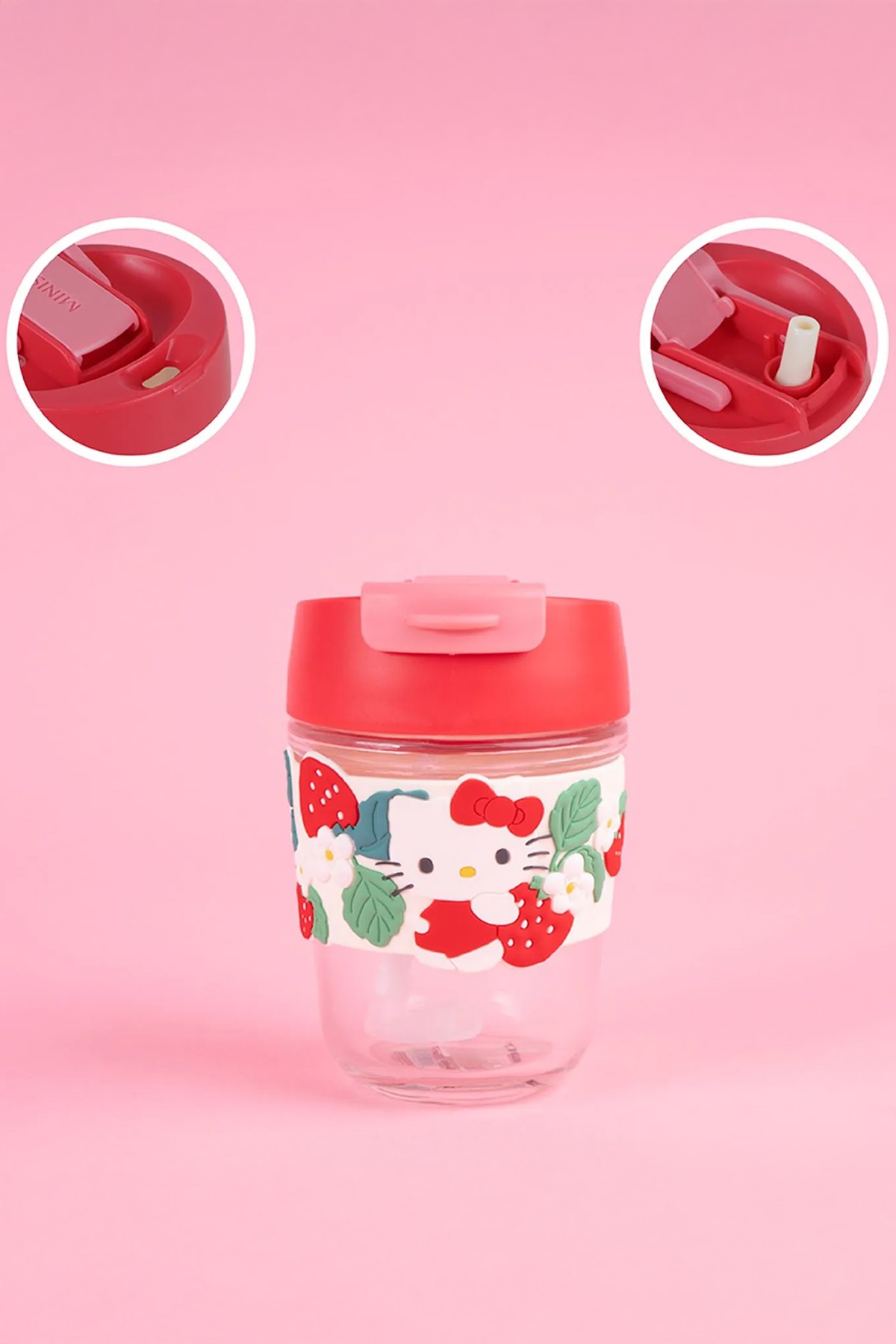 Sanrio Lisanslı Pipetli Mini Cam Şişe (350ml) - Hello Kitty