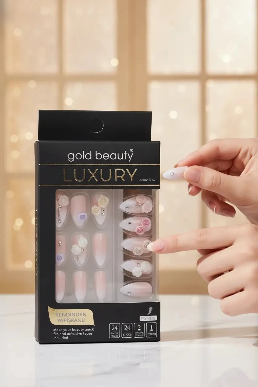 Gold Beauty Taşlı Takma Tırnak – Kendinden Yapışkanlı ve Zarif Detaylı Pratik Set