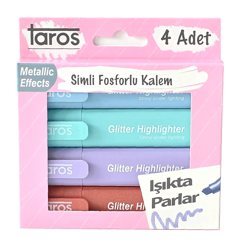Taros Glitter Highlighter 4'lü Fosforlu Kalem Seti Miniso