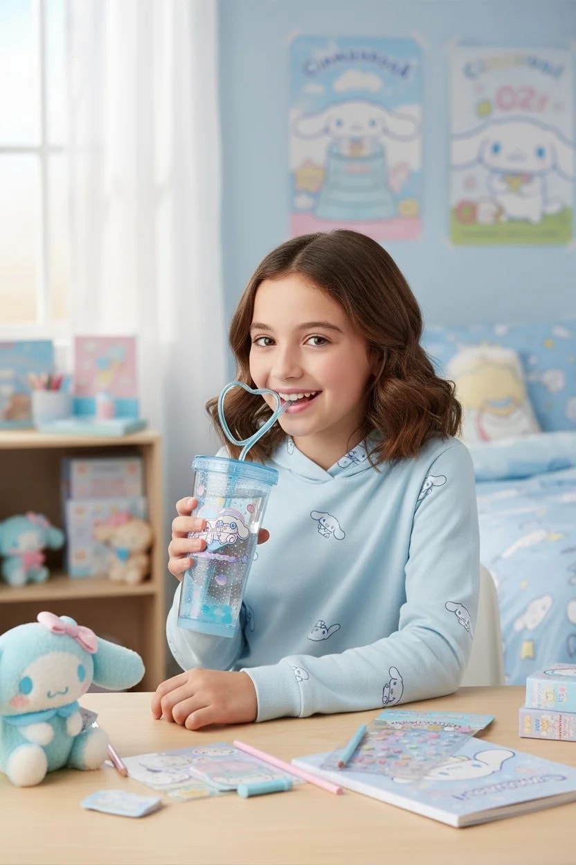 Sanrio Lisanslı Cinnamoroll Tatlı Fabrikası Serisi Kalp Çift Duvarlı Plastik Şişe Pipetli 440 mL
