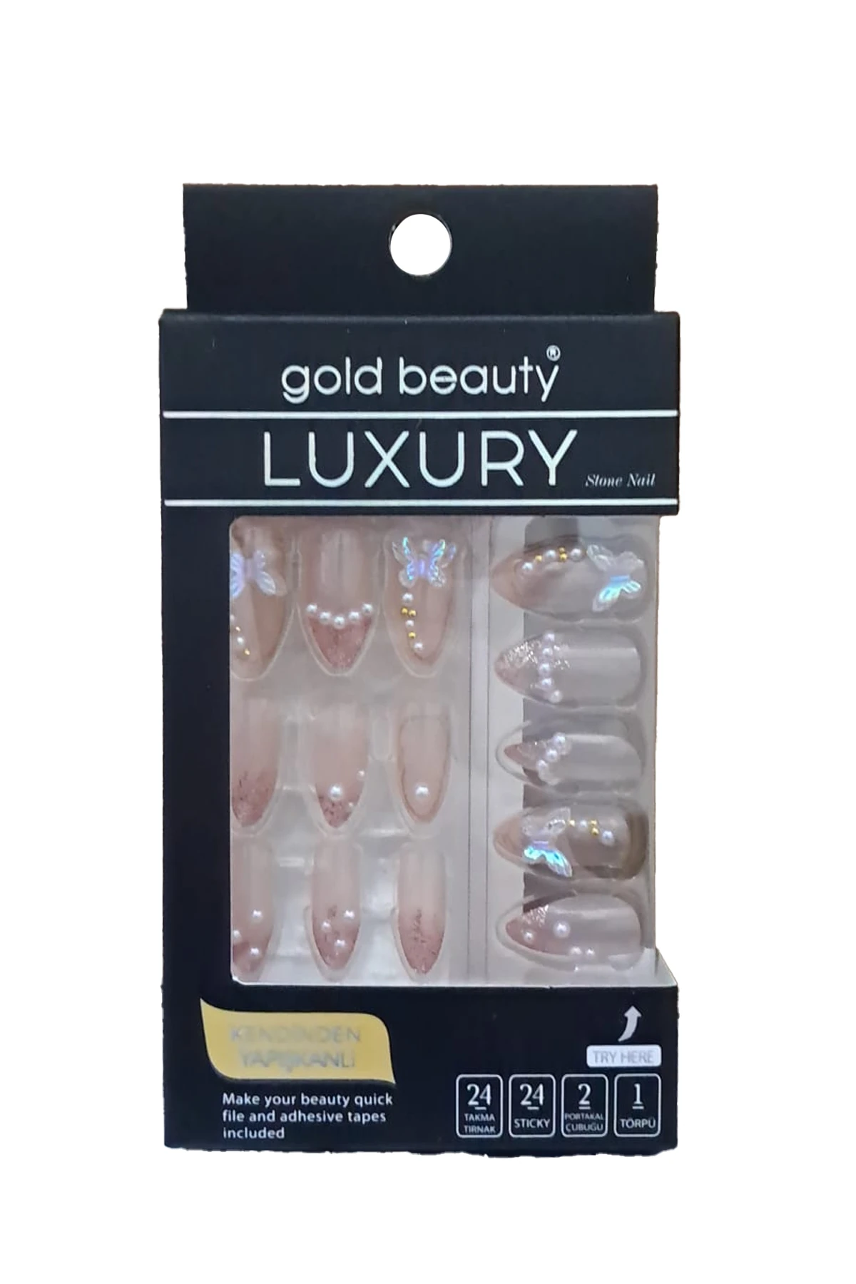 Gold Beauty Kelebek Figürlü Taşlı Takma Tırnak