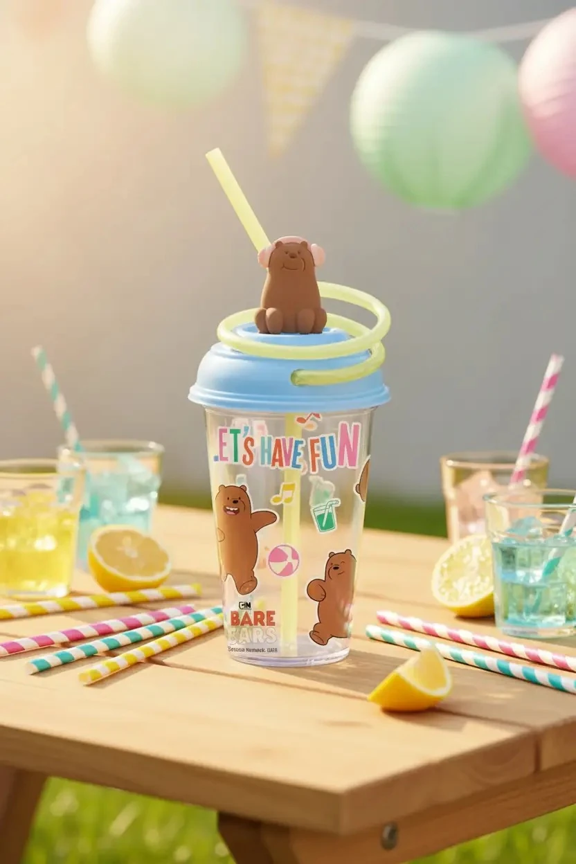 We Bare Bears Lisanslı Döndürülen Pipetli Plastik Bardak