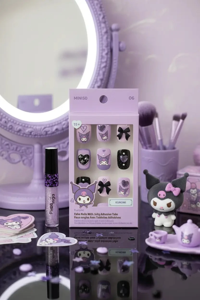 Sanrio Lisanslı Kuromi Jel Yapışkanlı Takma Tırnak – Siyah ve Mor Şık Tasarım Model 06