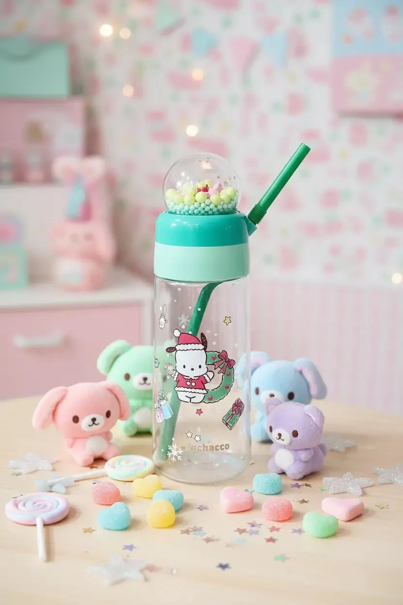 Sanrio Lisanslı Yılbaşı Koleksiyonu Pipetli ve Kristal Küreli Şişe – Eğlenceli Detaylı PETG Matara
