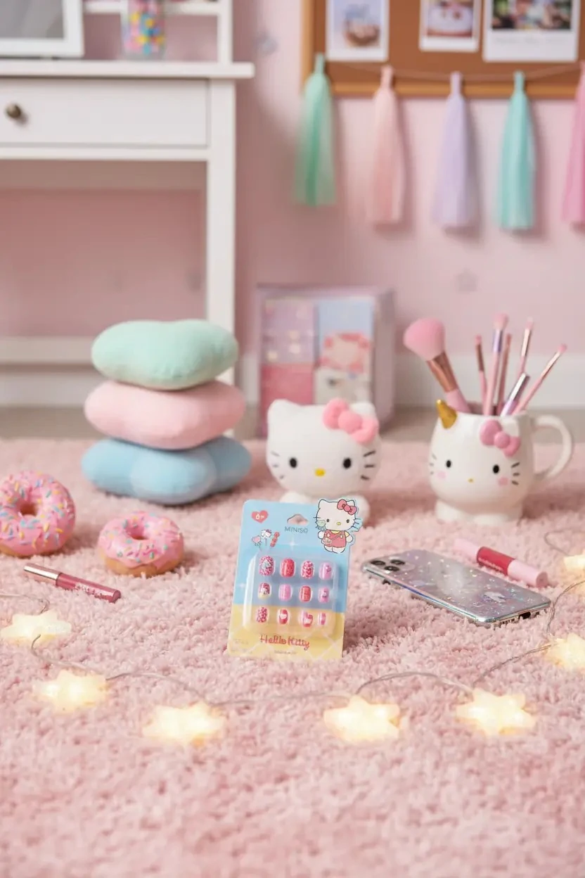 Sanrio Lisanslı Hello Kitty Jöle Yapışkanlı Takma Tırnak Seti Kırmızı – Şeritli Enerjik Tasarım