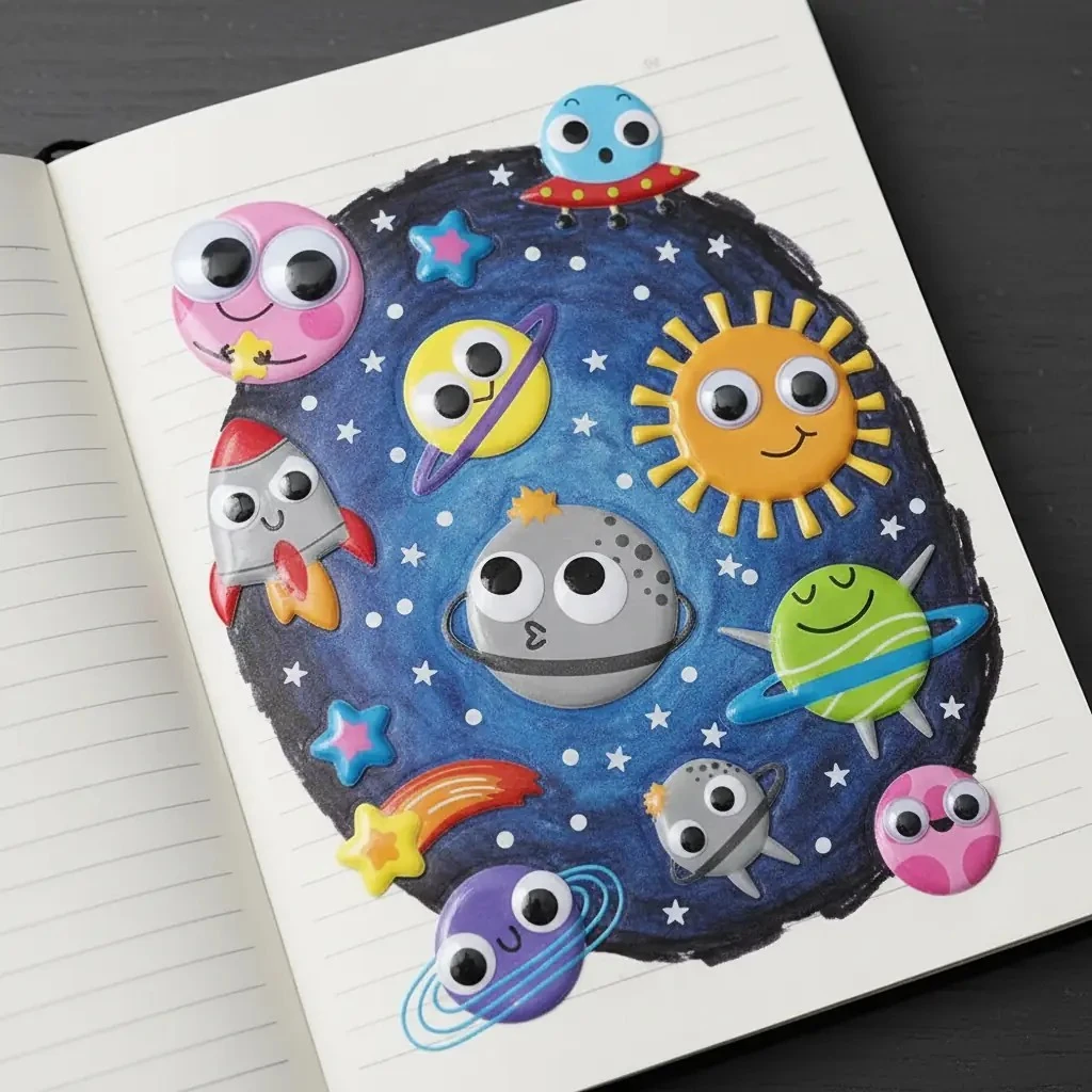 Bu-Bu Googly Eyes Puffy Sticker Gök Cisimleri – Hareketli Uzay Temalı Çıkartma Seti