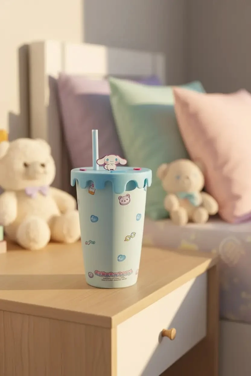 Sanrio Lisanslı Cinnamoroll Tatlı Fabrikası Dekoratif Seramik Bardak, Kapaklı ve Pipetli, 400 ml