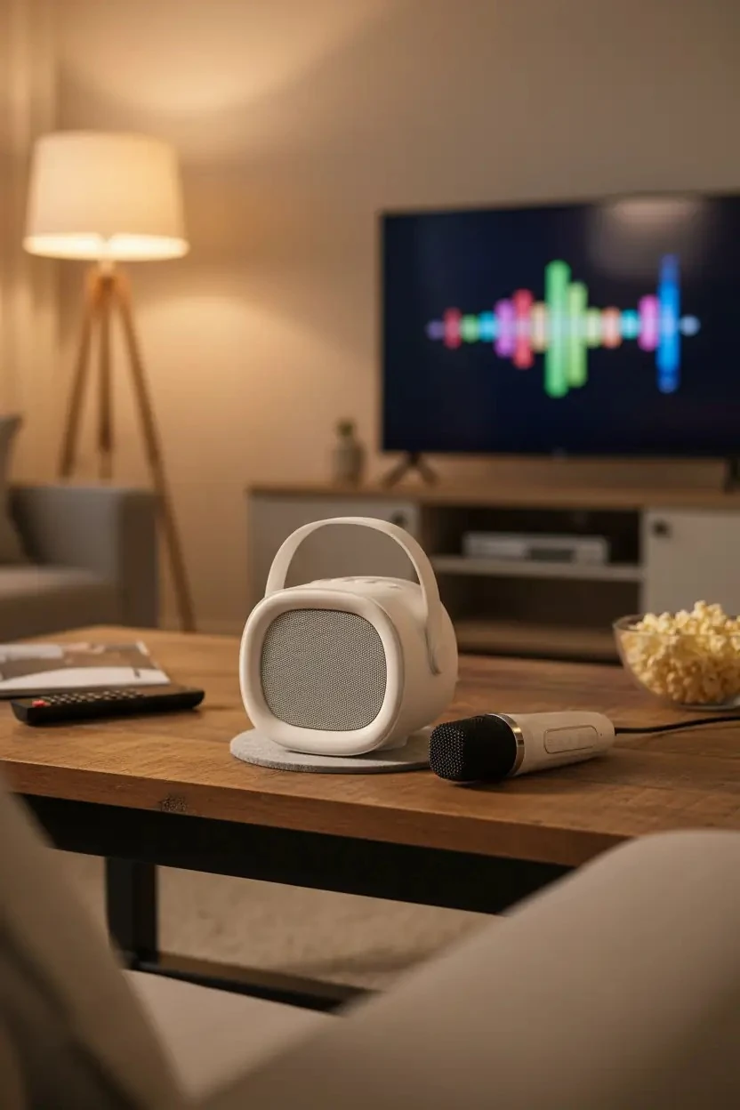 Miniso Lisanslı Taşınabilir Mikrofon ve Kablosuz Hoparlör Seti – Karaoke ve Sunum İçin Bej Ses Sistemi