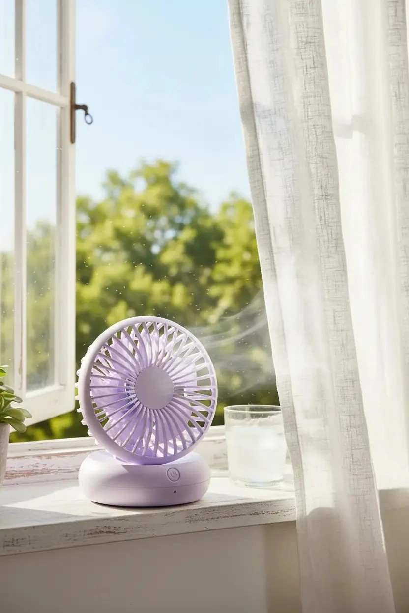 Miniso Lisanslı Soğutmalı Taşınabilir Masaüstü Fan Mor – Çok Kademeli Hız Ayarlı Şık Tasarım 14 Cm