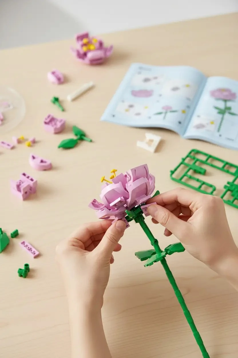 Miniso Lisanslı Çiçek Serisi Pembe Gül İnşa Blokları Seti ABS Dekoratif Çiçek Yapım Bloğu
