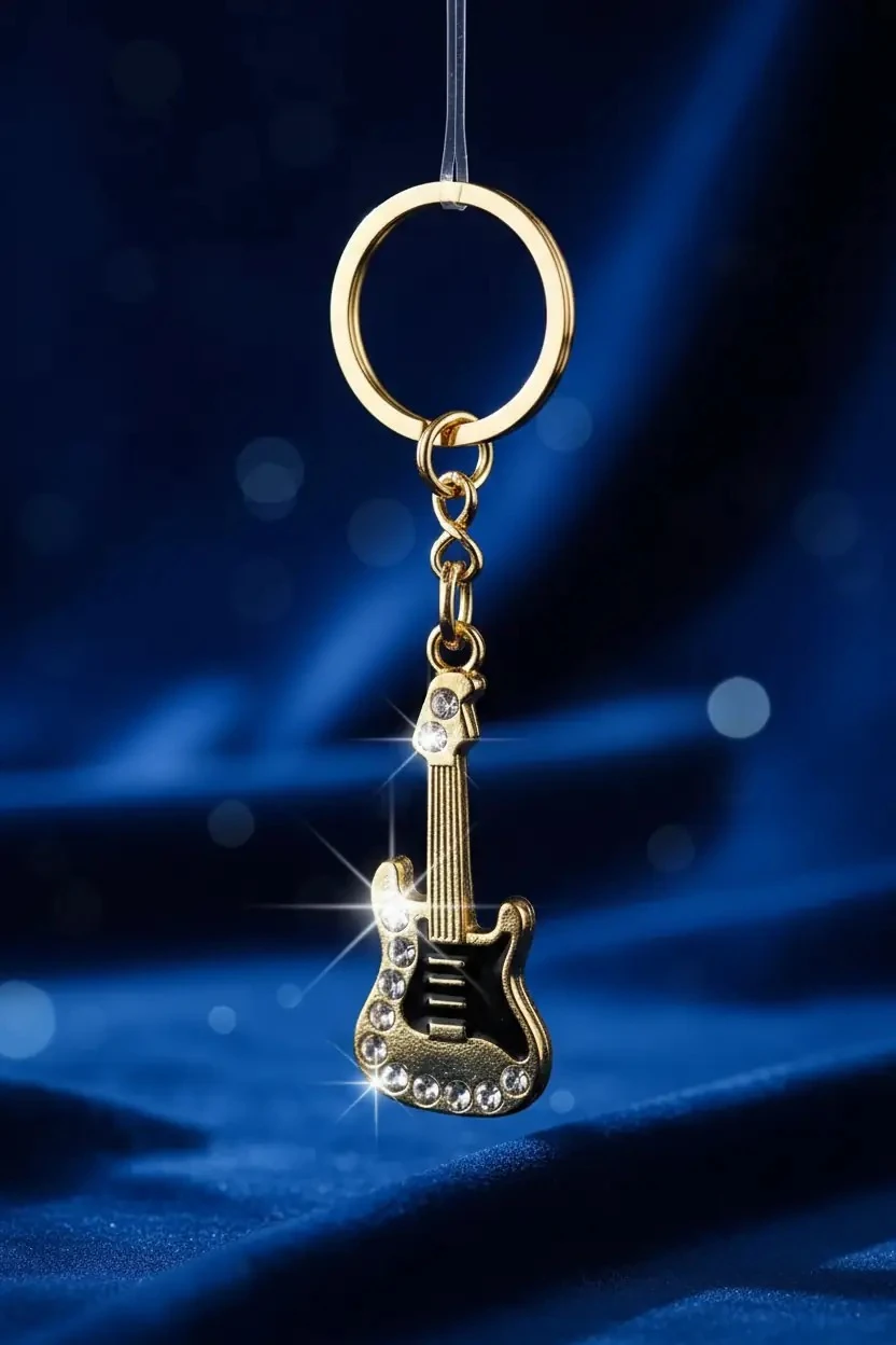 Sheforshe Lisanslı Müzik Temalı Gitar Tasarımlı Taşlı Anahtarlık – Altın Renkli Metal Çanta Aksesuarı