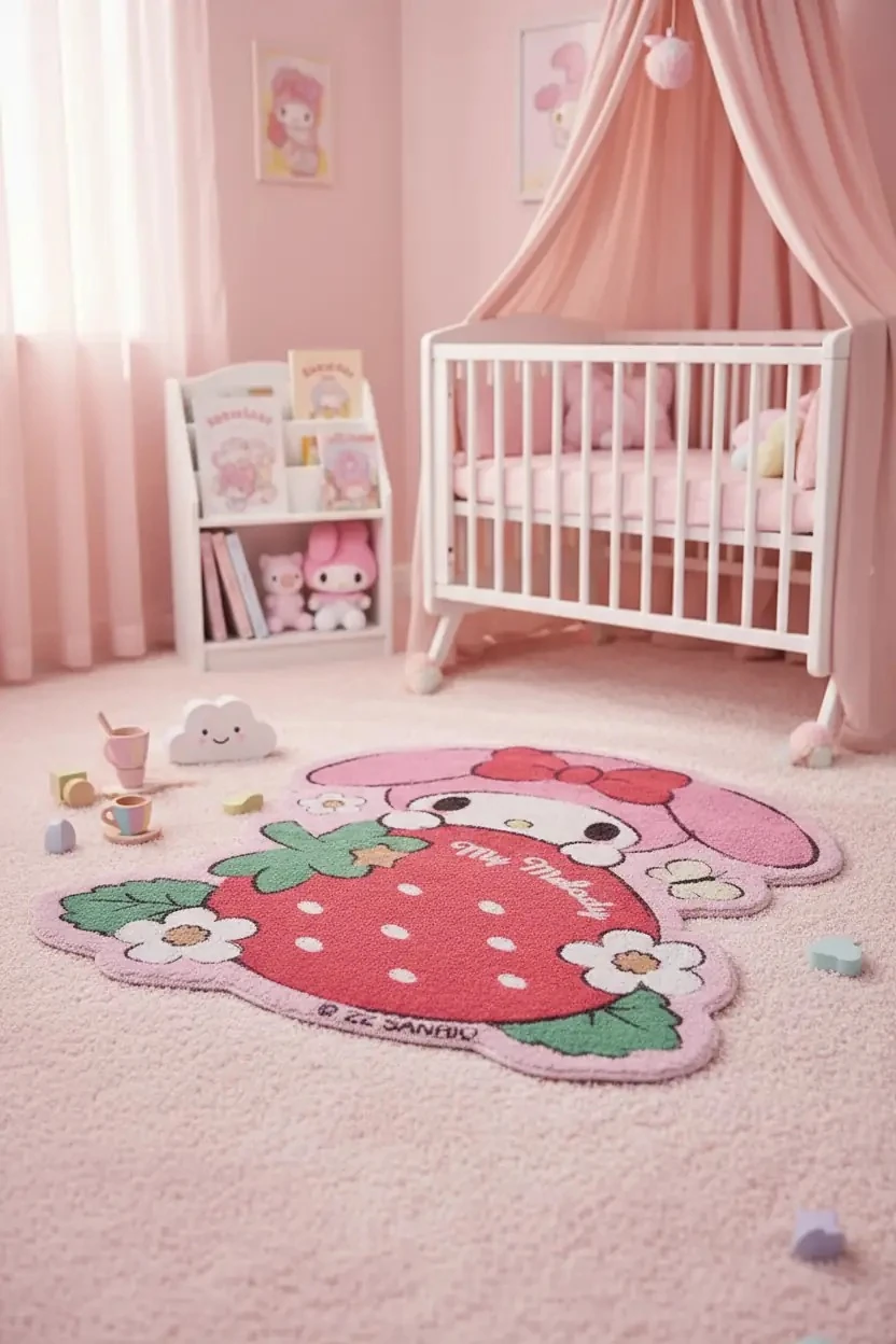 Sanrio My Melody Lisanslı Çilek Figürlü Küçük Halı – Kaymaz Tabanlı Dekoratif Çocuk Odası Halısı 57 Cm