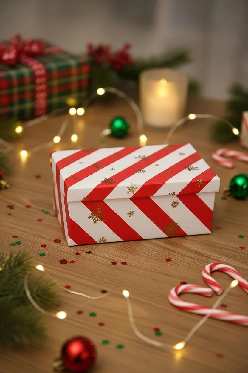 Kırmızı Şeritli Yılbaşı Sürpriz Kutusu – 27 cm