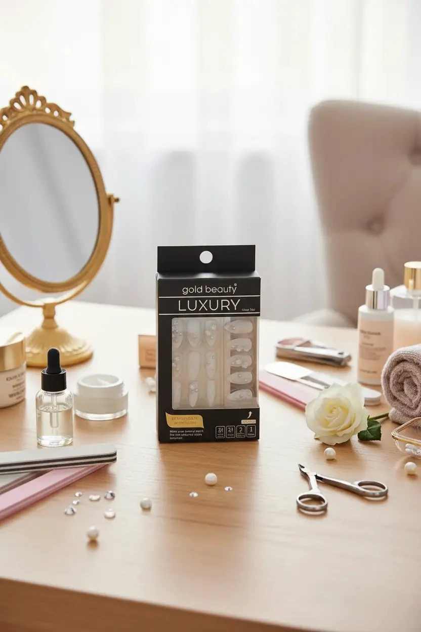 Gold Beauty Beyaz Gül Detaylı ve Taşlı Takma Tırnak Seti – 24 Adet