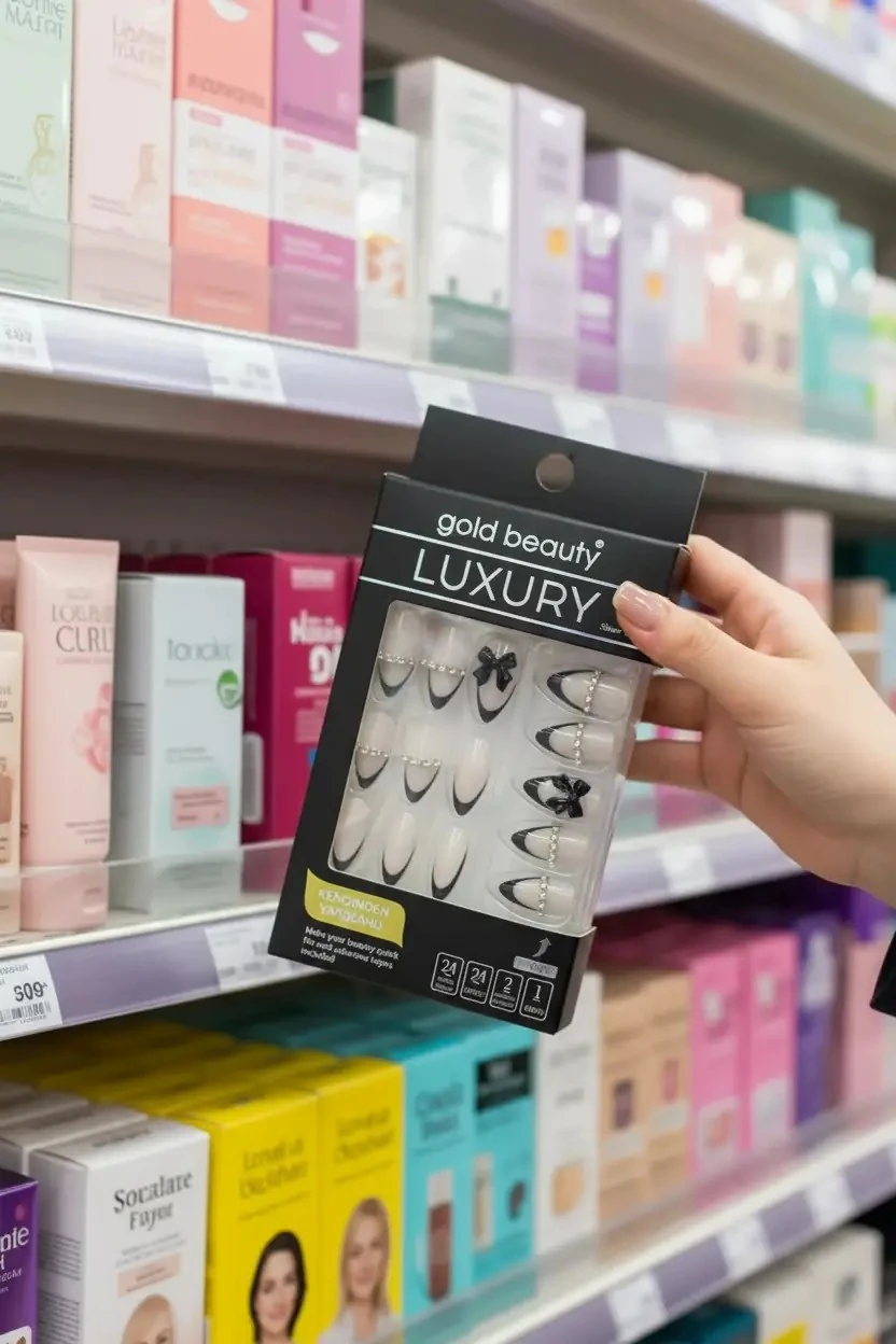 Gold Beauty Taşlı Takma Tırnak – Kendinden Yapışkanlı ve Zarif Detaylı Pratik Set