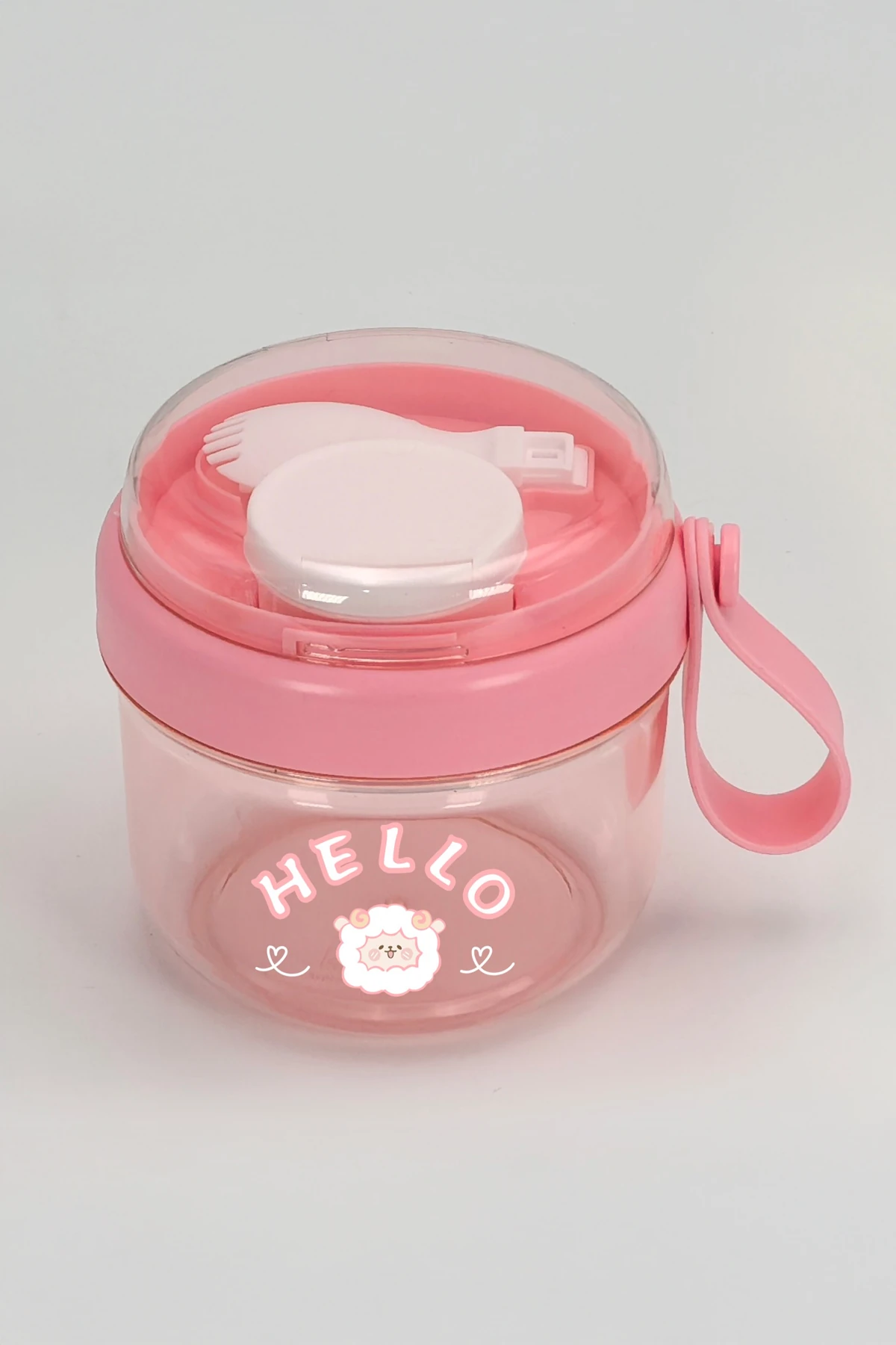Miniso Lisanslı Tutacaklı Çizgi Karakterli Salata Kasesi – Sos Kaplı ve Çatal Bıçak Takımlı Sızdırmaz Kap 650 mL (Pembe)