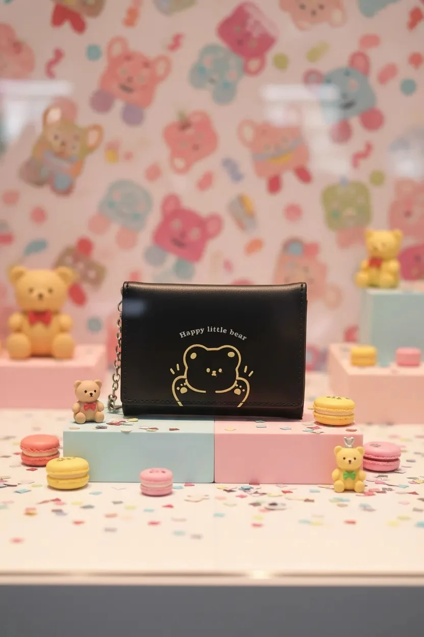 Küçük Ayı Serisi Üç Bölmeli Kadın Cüzdanı (Siyah)