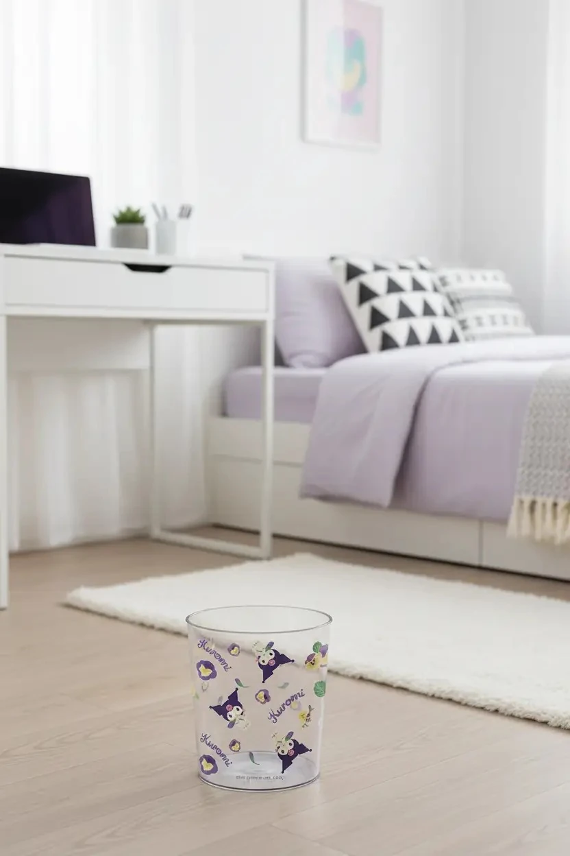 Sanrio Kuromi Lisanslı Çiçek Desenli Şeffaf Çöp Kovası